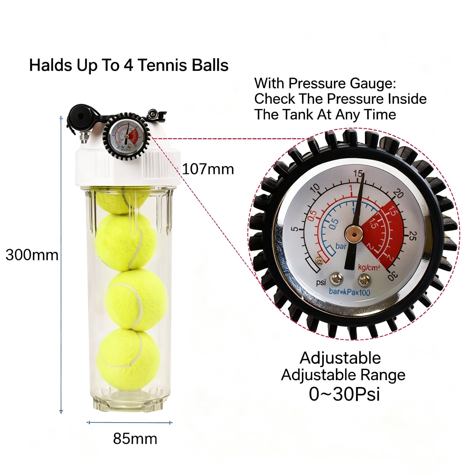 Pressurizzatore per Palline da Tennis, Salva-Palline da Tennis, Pressione Dellaria Regolabile da 0 A 30 Psi, capacità per 4/8/12 Palline, con Manometro E Pompa Manuale, Chiave 8‑Ball