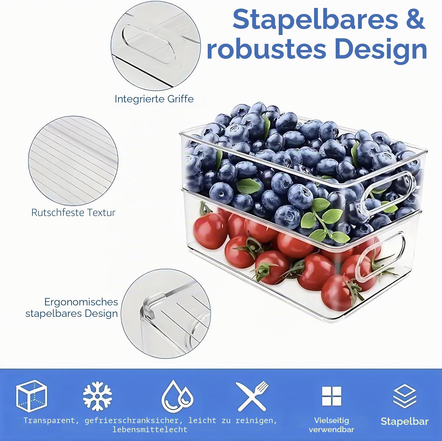 12 Stück Kühlschrank-Organizer-Behälter, 3 Größen, stapelbar, transparent, mit Griffen für Kühlschrank, Gefrierschrank, Regale, Schublade, Behälter, Snack-Organizer für Zuhause und Küche