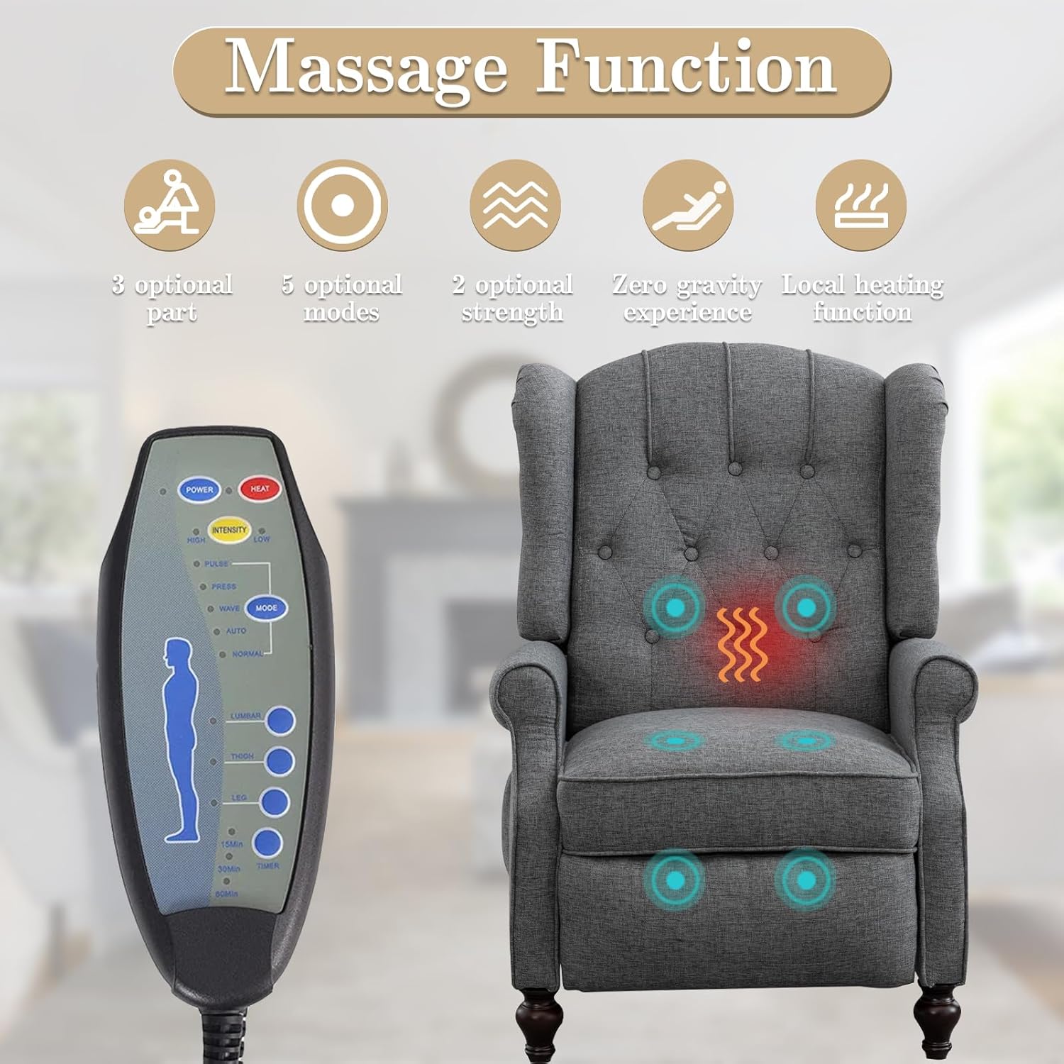 Pushback Recliner Chair Set of 2, Linen Tufted Armchairs with Massage & Heat, Mid-Century Modern Wingback Accent Chairs for Living Room, Small Space (Light Grey, 2PC)