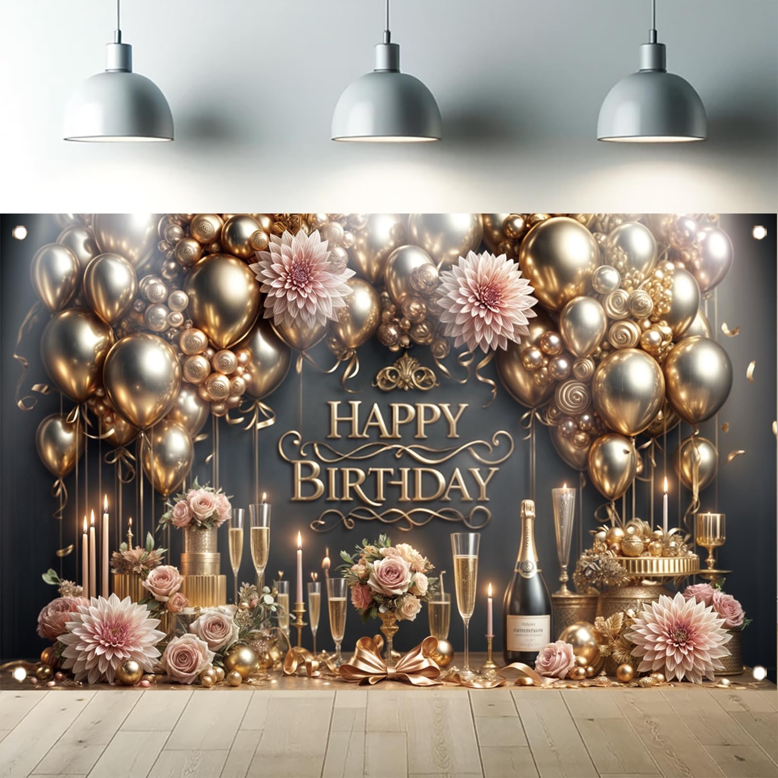 Starlit Patio Luxury Happy Birthday Backdrop Black Gold Party Decoration Elegant Balloon Champagne Floral Banner for Women Men Birthday Celebration