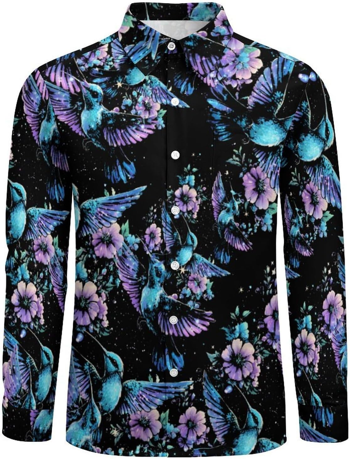 Hummingbird Flowers Long Sleeve Shirts Casual Dress Shirt Button-down T-shirts for Men