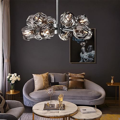 Miniatura 8 de Modern Sputnik Chandelier 12-Light Pearl Black Crystal Pendant 24" Dining Room Light Fixture Over Table Mid Century Branches Chandeliers with Smoke