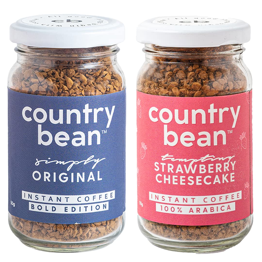 Country Bean Instant Coffee Powder Combo With Original (Non-Flavoured) And Strawberry Cheesecake Flavoured Coffees In Glass Bottle, Pack Of 2, 50 gram X 2 | Makes 50 Cups