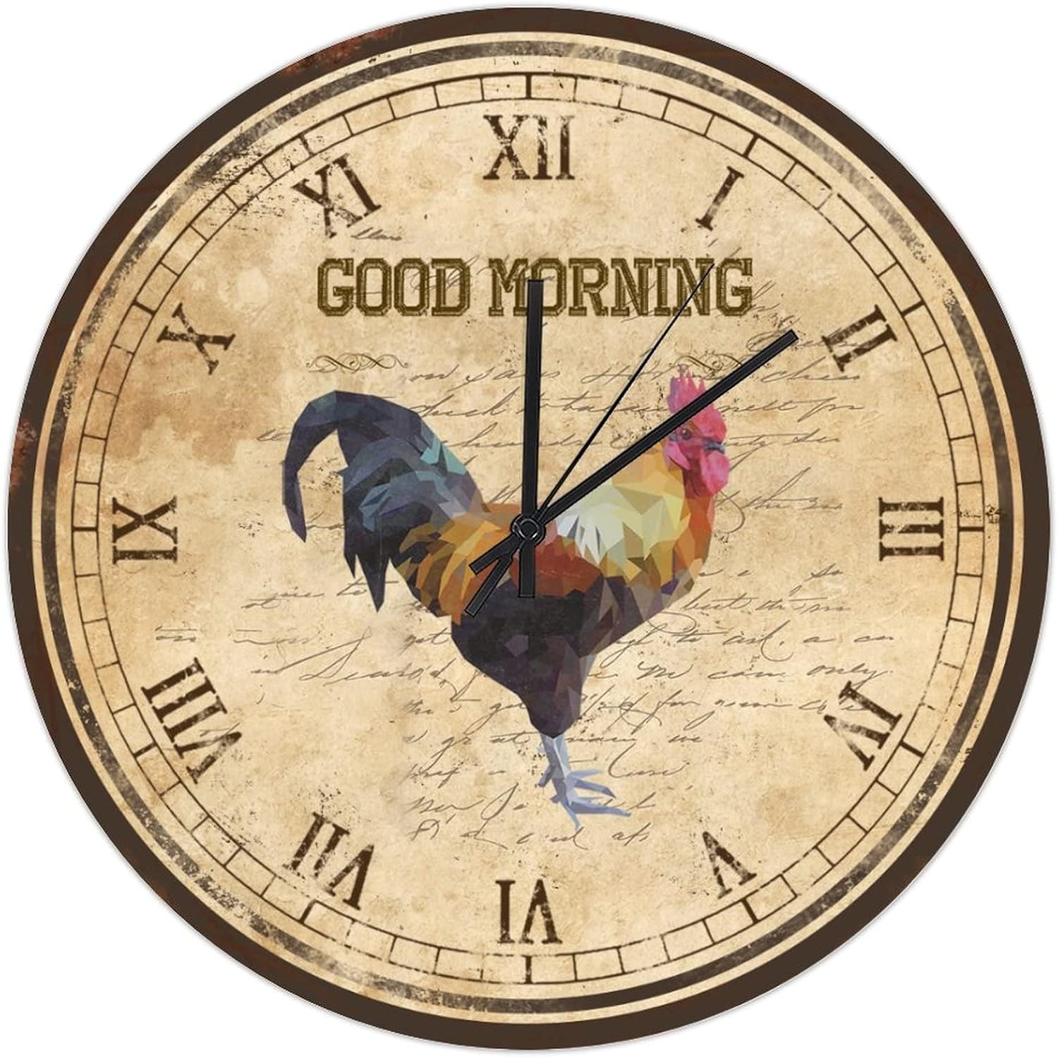 Vintage Good Morning Rooster Wall Clocks Rustic Countryside Shabby Chic French Paris Chicken Battery Operated Roman Numerals Hanging Clocks for Patio Pool Bathroom Home Bedroom Office 12-Inch