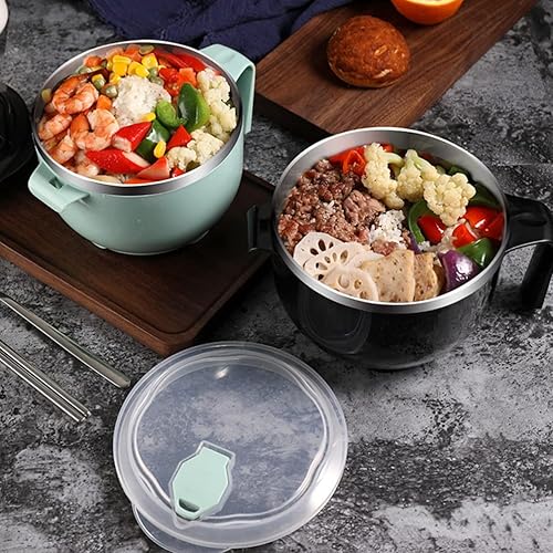 Miniatura 9 de LIFKOME Tazón de acero inoxidable para ramen con asa de tapa, 40 onzas, tazón grande de fideos instantáneos, ensaladera con cuchara para sopa,