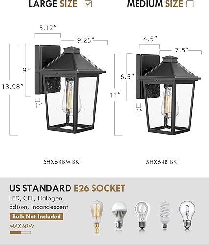 Miniatura 4 de Lámpara de pared para exteriores, linterna de pared exterior HWH, luces de porche al aire libre con pantalla de vidrio sembrado para puerta, garaje,