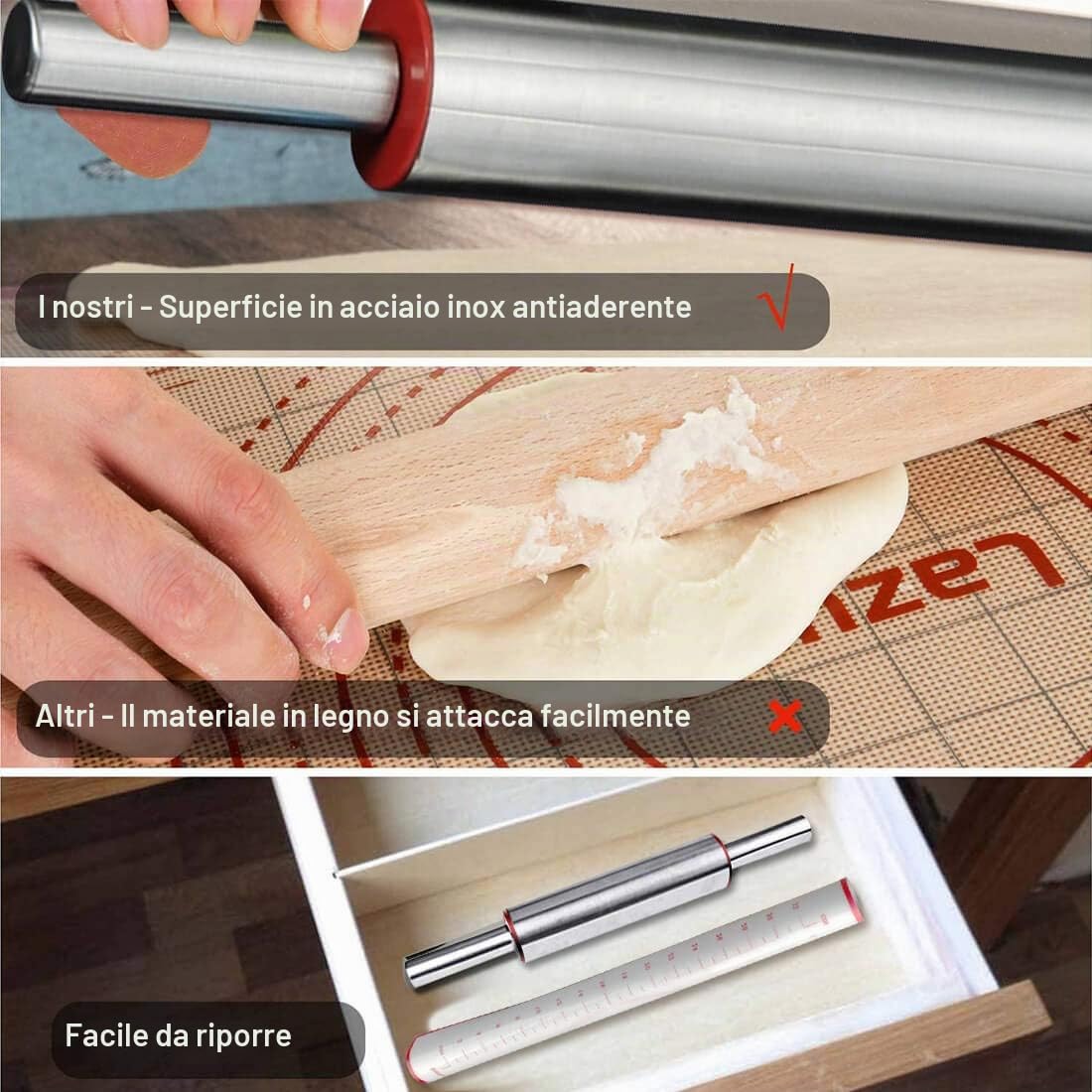 Mattarello Acciaio Inox con Manici | Mattarello Antiaderente con Tappetino Silicone | Mattarelli Rullo per Pasta di Zucchero, Ravioli, Biscotti, Tortellini, Fondente, Pizza, Pasta Sfoglia | 44.9*5.9cm