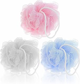 Shower Puff Mesh Bath Sponge Shower Scrunchie Set Soft Scrubbing Exfoliator Puffs Skin Washer Loofah Scrunchies Ball Pouf Body Scrubber for Men Women Bathing Accessories Assorted Colour (Pack of 3)