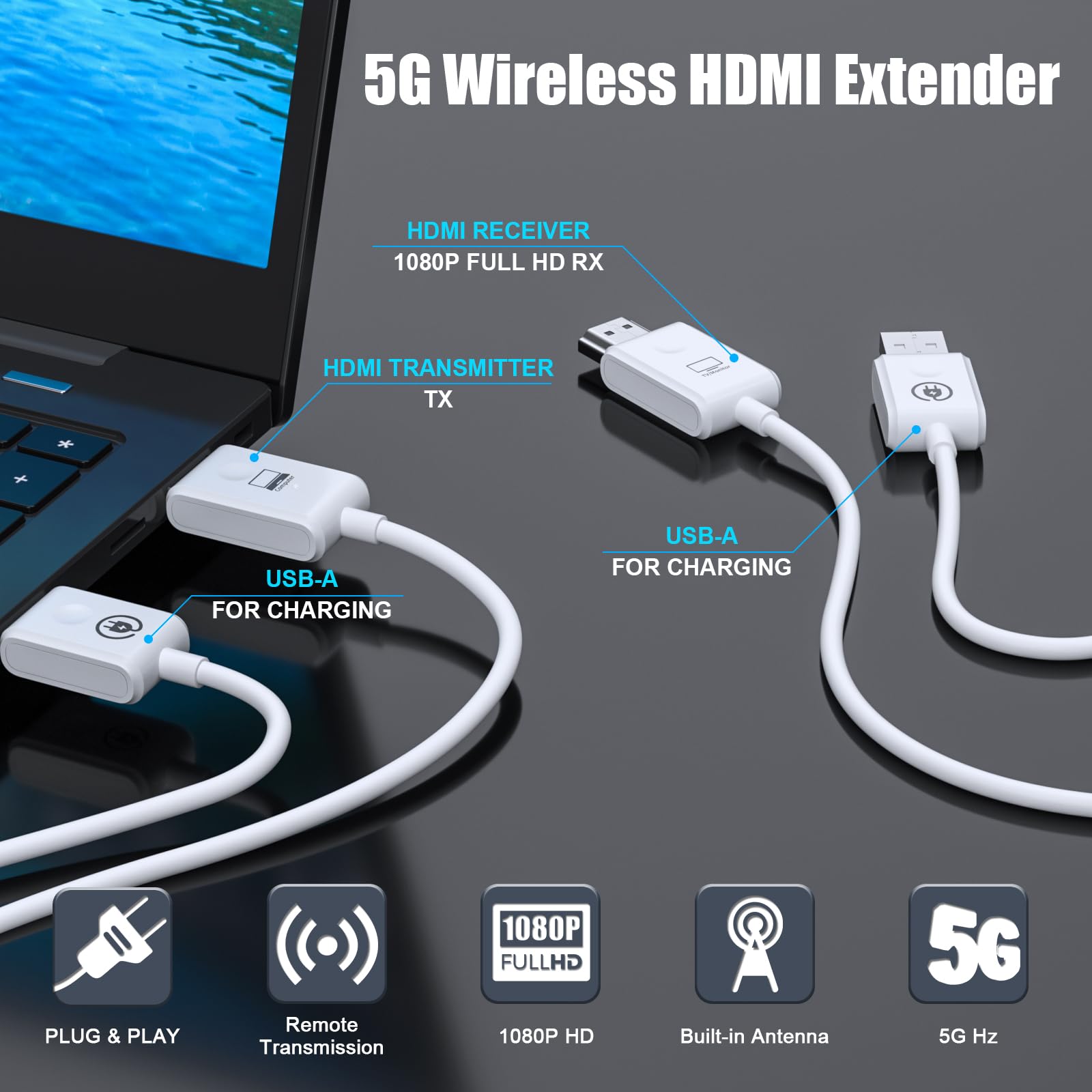 Trasmettitore e ricevitore HDMI senza fili, prolunga HDMI wireless 98 piedi/30 M, plug and play per lo streaming di video e audio a computer portatile/PC