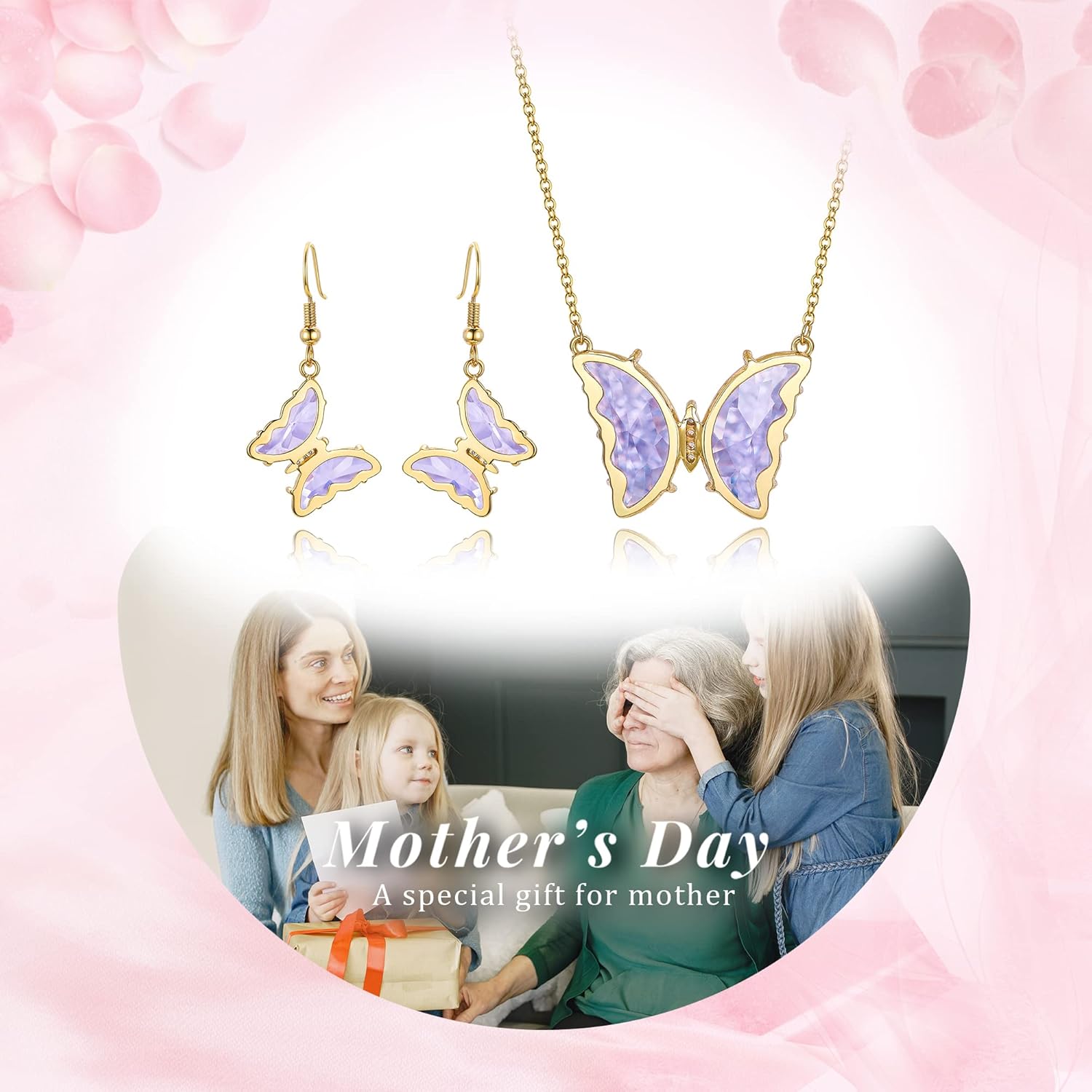 EleQueen 18K Gold Plated Rhinestone Crystal Cute Butterfly Necklace Earrings Set Hypoallergenic Jewelry Sets for WomenLight Purple Color - Image 6