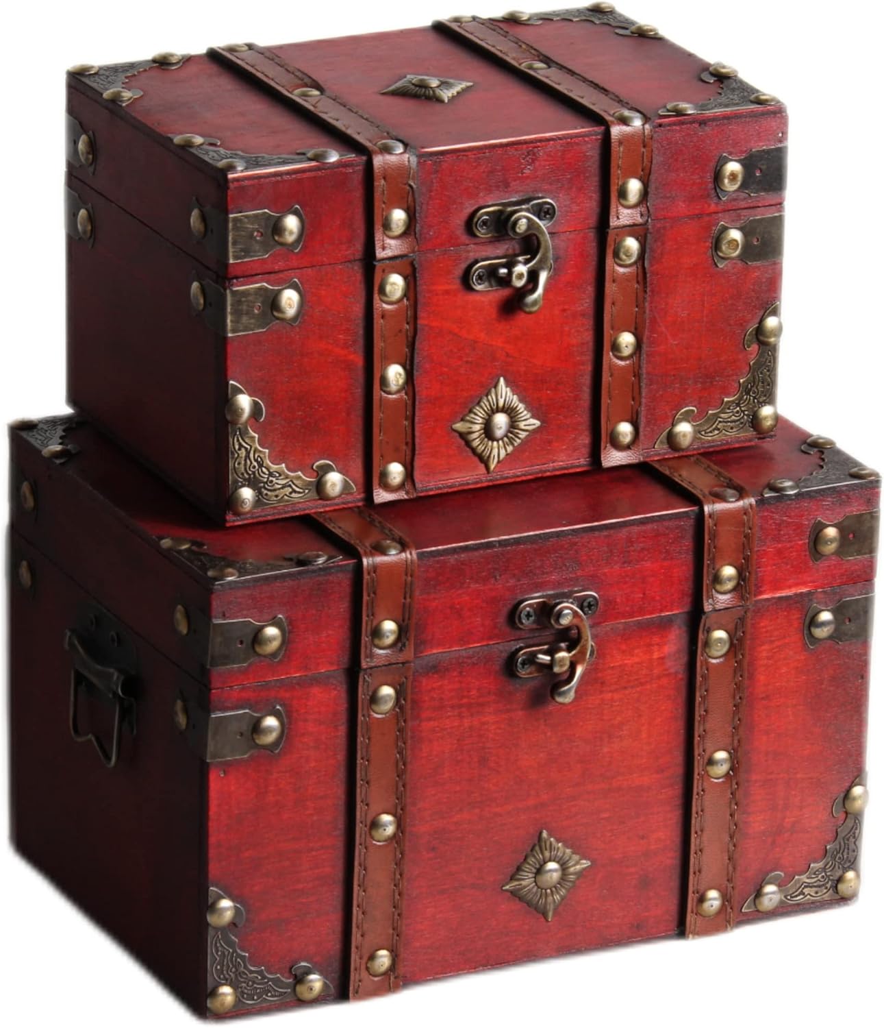 Wooden and Leather Treasure Chest Decorative Storage Chest with Lock