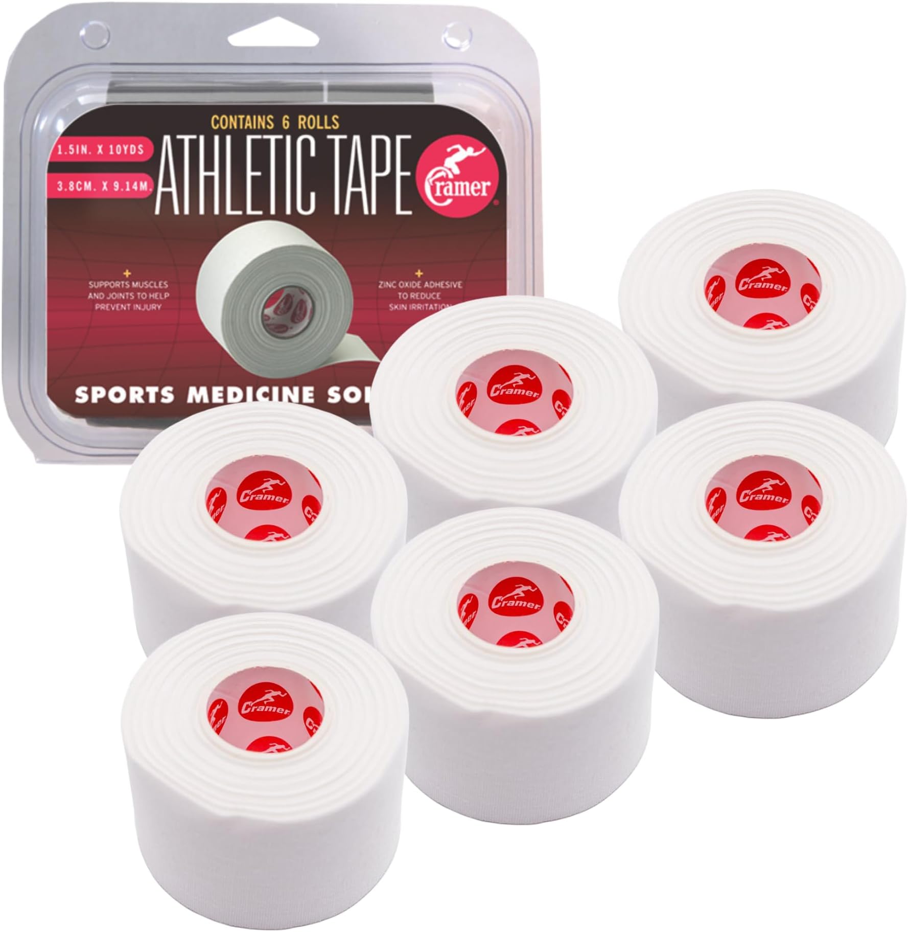 Cramer Athletic Tape 6 Pack, 1.5" x 10 Yards White, Easy Tear Sports Tape for Ankle, Wrist & Knee, Latex-Free Adhesive, Strong Support, Athletic Training Tape Roll