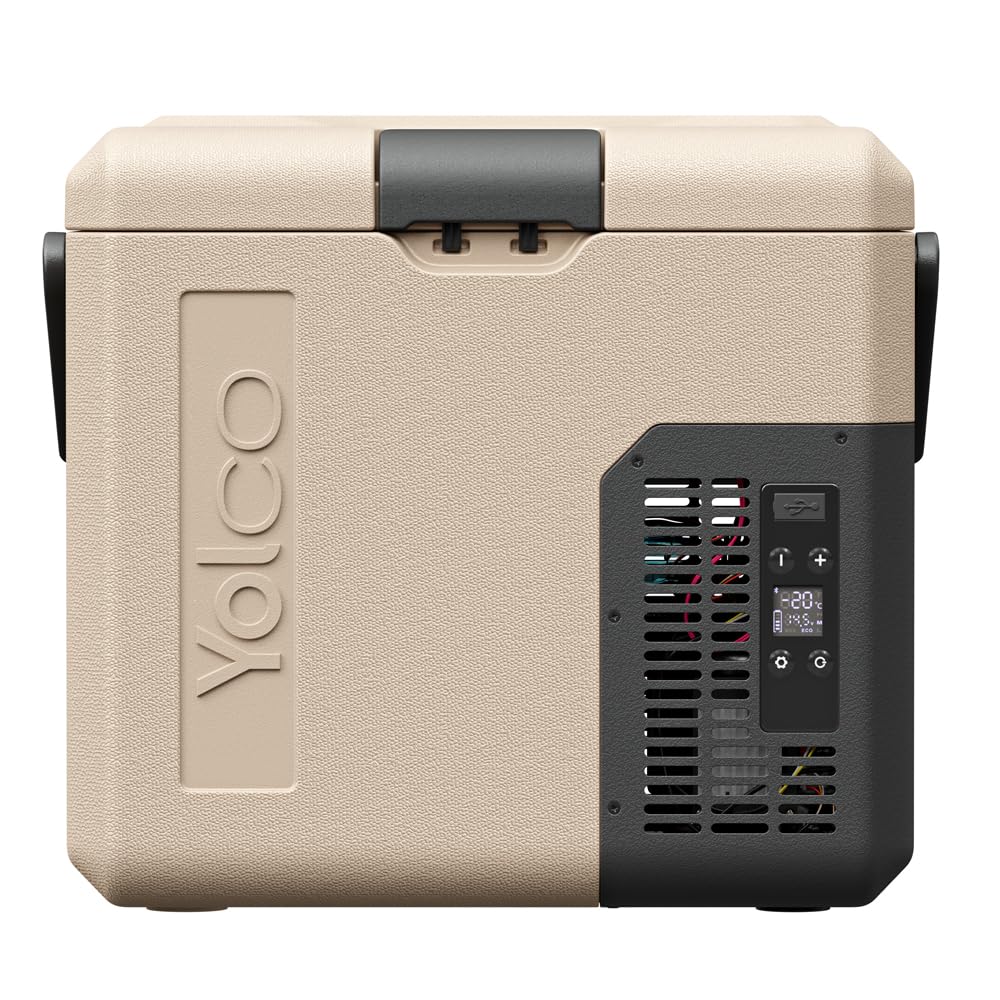 Yolco ET18 piaskowa lodówka podróżna z kompresorem, 18 l, z akumulatorem SC4B, przenośna lodówka i zamrażarka do -20°C, 12/24 V DC i 230 V, USB, do samochodu, ciężarówki, łodzi, na kemping, szara