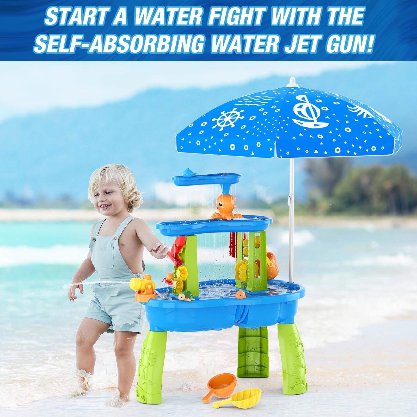 HYES Table d'eau pour Enfants, 3-Tier Table Sable et Eau Jouets avec Parapluie, Douches de Pluie Splash étang pour Plage Cour, Table Eau Sable Jeux de d'été Exterieur pour Garçons Filles, Bleu