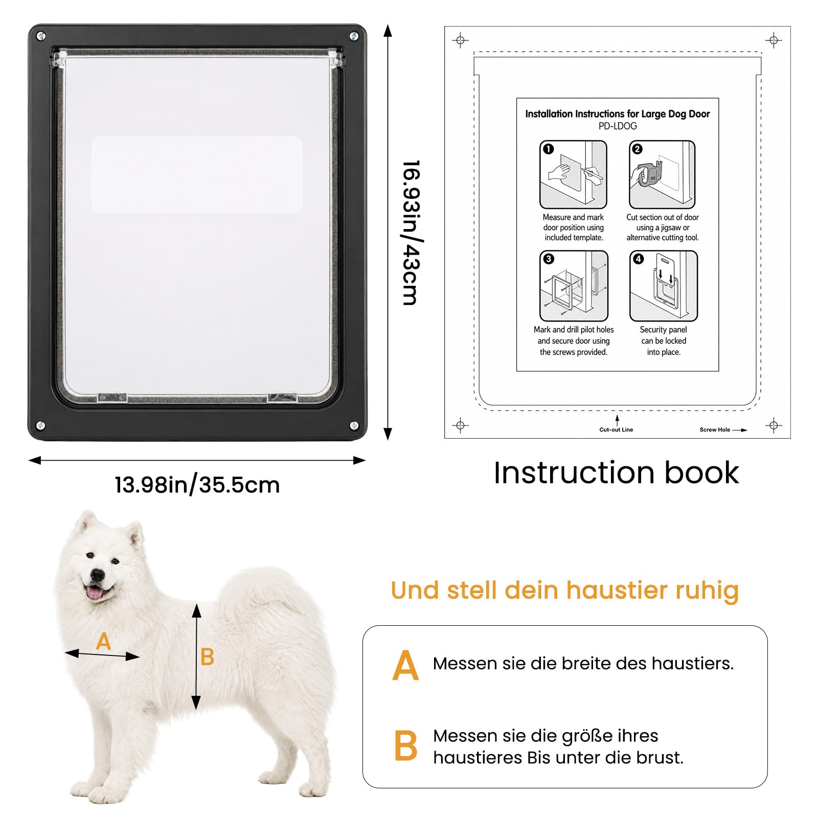 Wetterfeste Haustierklappe für große Hunde und Katzen 43 x 35,5 cm, magnetisches Verschlusssystem mit Snap-In Verriegelungsplatte, robuste und energiesparende Haustiertür