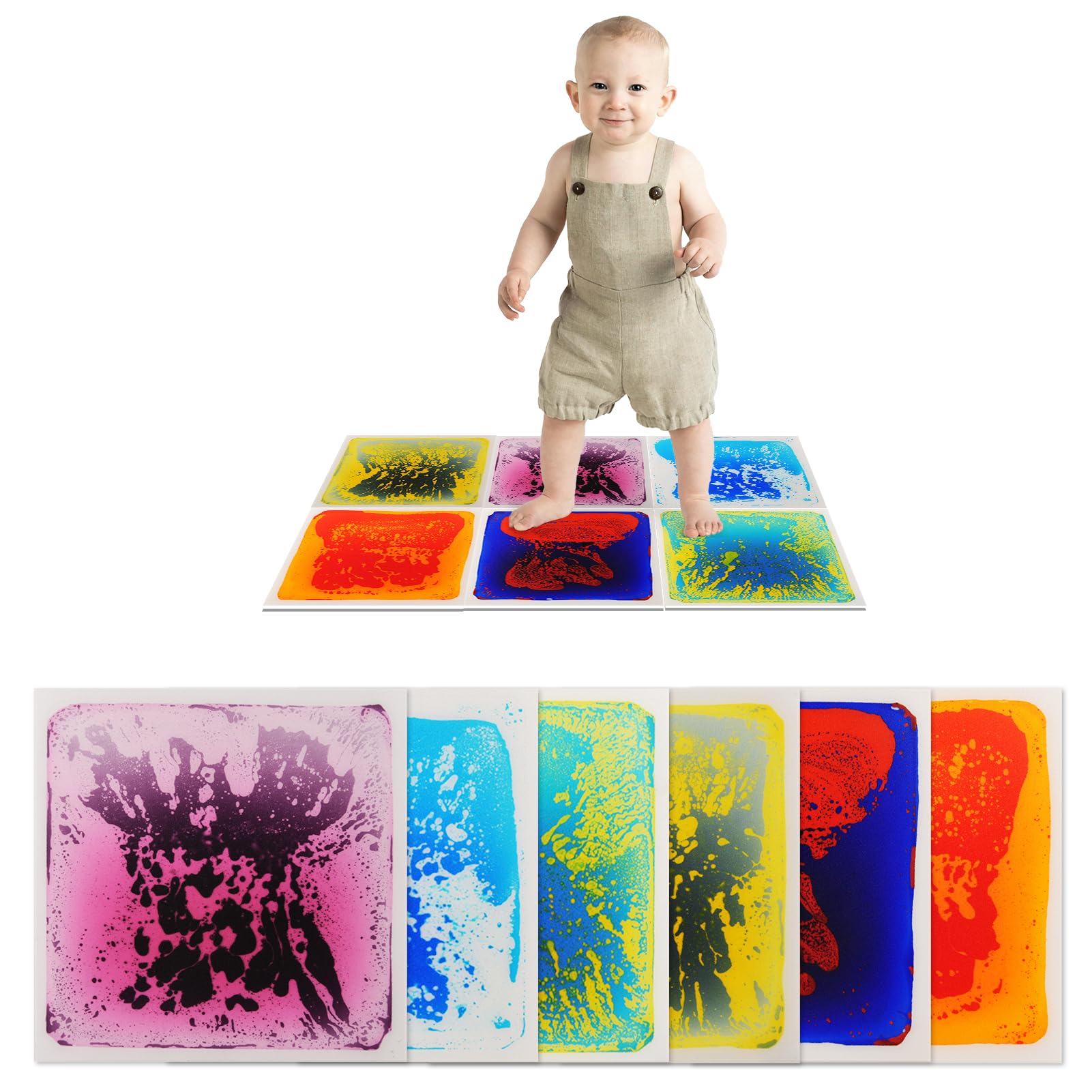 Art3d Liquid Sensory Floor Activity Tiles, 11.8"x11.8" Square, Multicolor, 6 Tiles