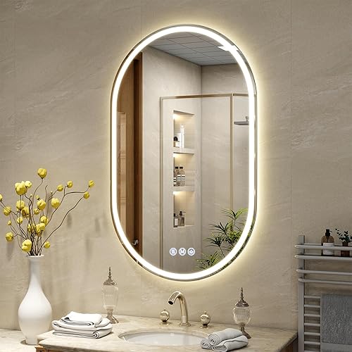 Miniatura 8 de BEAUTYPEAK Espejo de baño ovalado LED con luces, espejo ovalado de 36 x 24 pulgadas con marco de metal, antivaho, espejo LED con luz frontal y