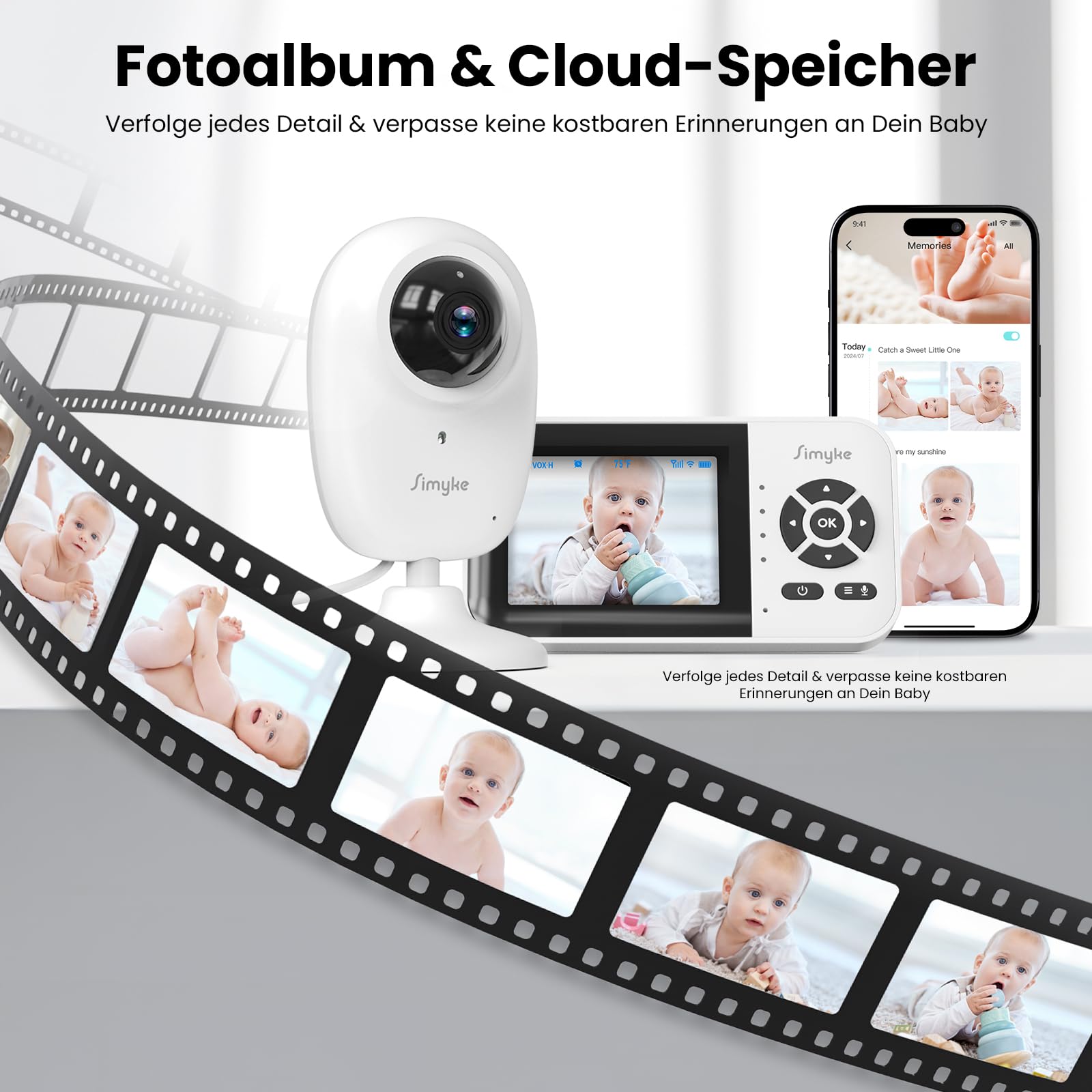 Simyke Smart BabyMonitor 1080p with 2 Camera, WLAN On/Off Schalter, WiFi Remote Access, 1500ft Long Range, 2-Way Talk, Sound Alert, Temperatursensor, Lullabies Fütterung
