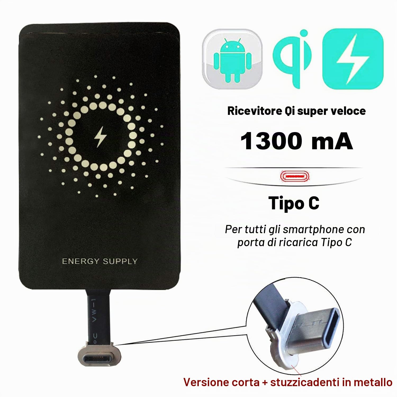 Ricevitore di Ricarica Wireless Qi - 5W Adattatore USB C Universale per Compatibile Google Pixel, Huawei, LG, Compatibile Sony - Caricabatterie Qi - Design Ultra Sottile da Mettere Sotto la Cover