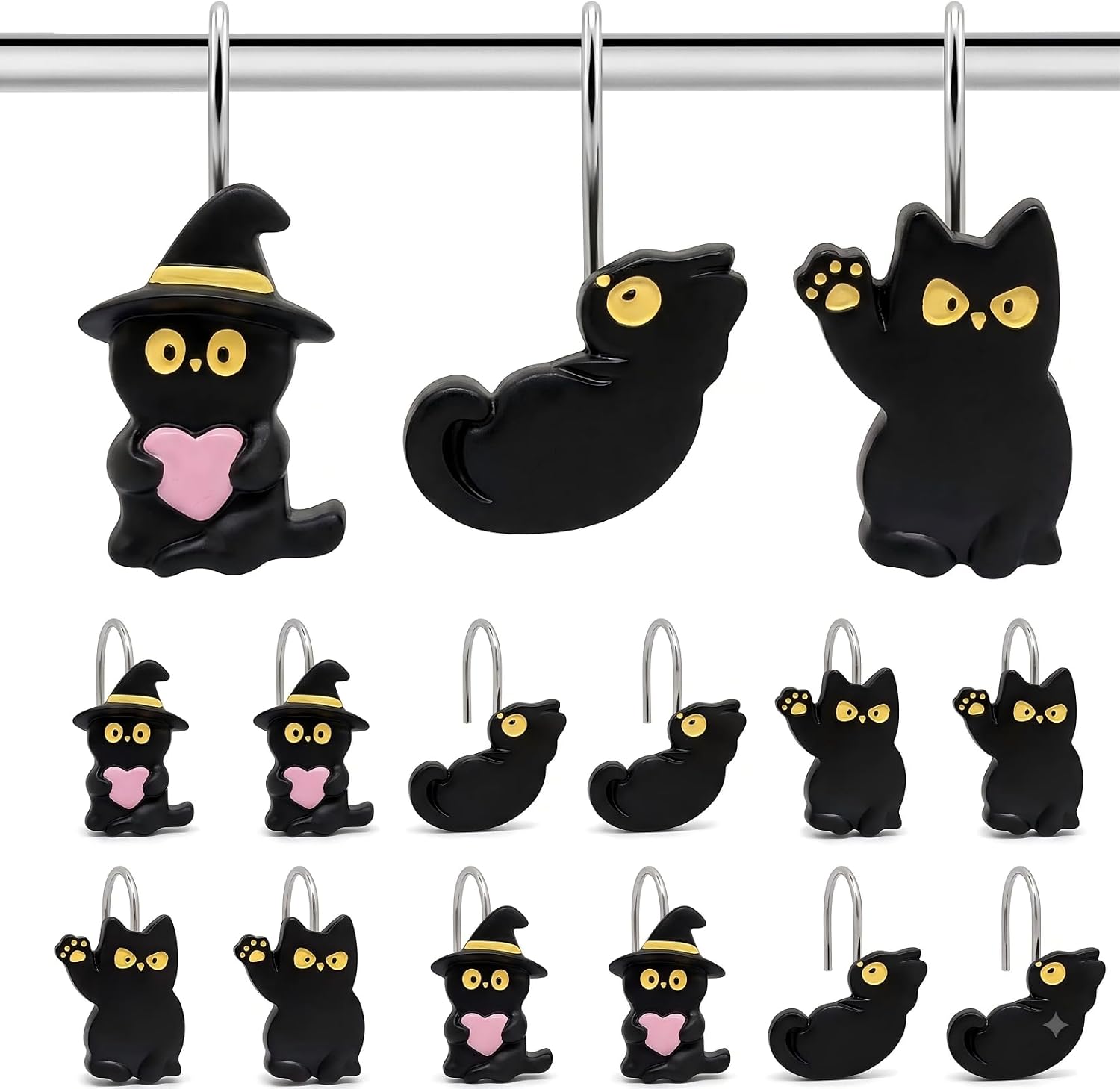 Witch Cat Shower Curtain Hooks Set of 12, Resin Bathroom Rings