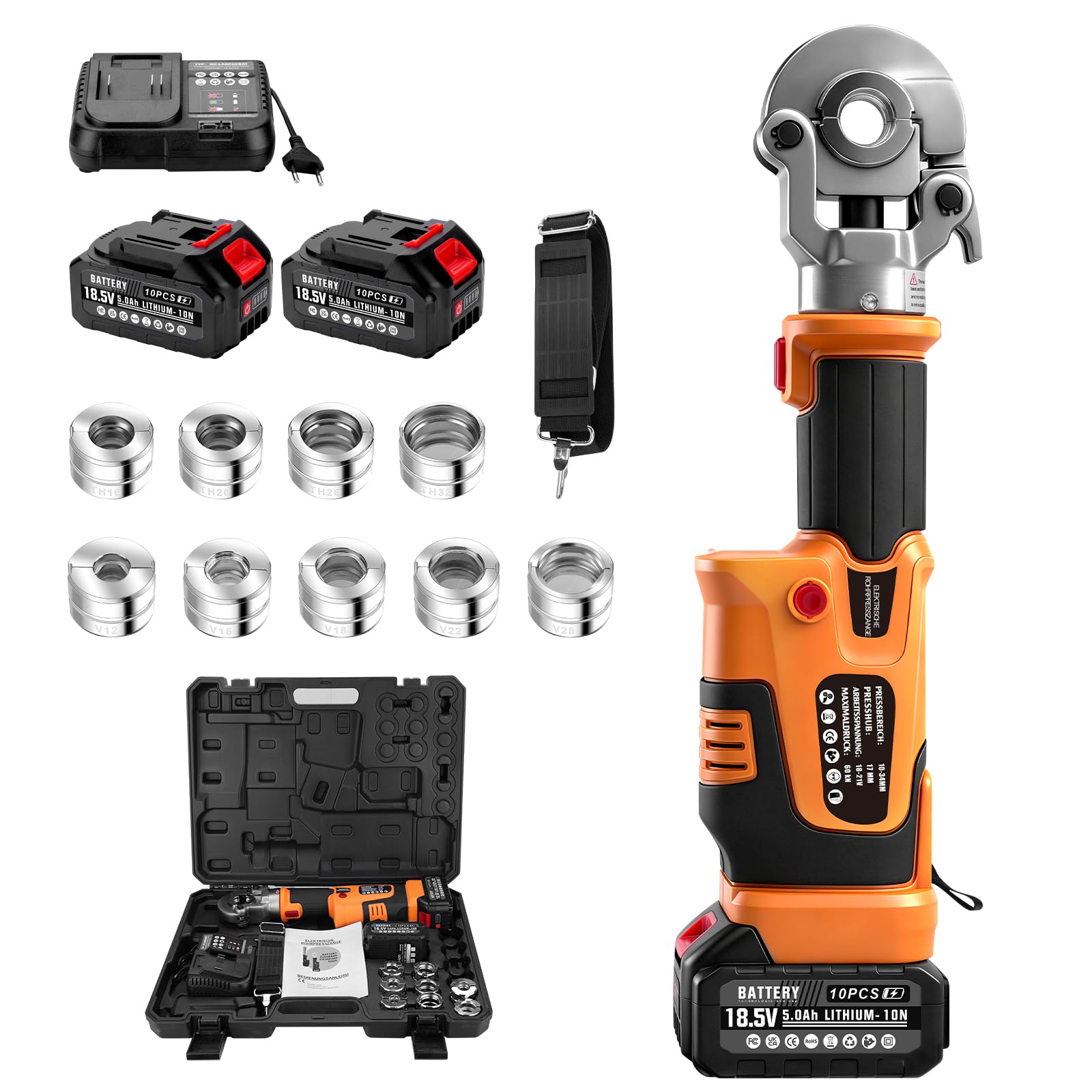 Prensa de tubos hidráulica con batería Vrietina, con contorno CR V y contorno CR TH, prensa eléctrica de 18V para tubos de cobre incl. V15-18-22-28 y TH16-20-26-32, 2 * 5 Ah baterías y cargador rápido