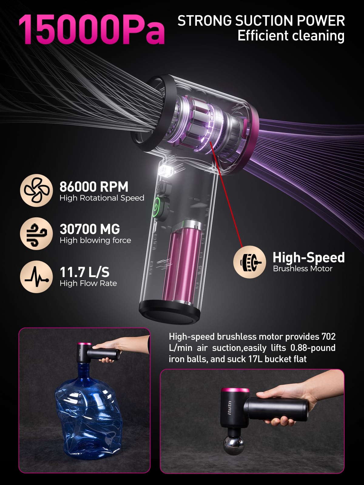 Mini aspirapolvere portatile per auto senza fili con luce LED, aspirazione potente da 15000 PA, 80 W ad alta potenza, aspirapolvere con un solo clic, filtro Hepa doppio, aspirapolvere per auto