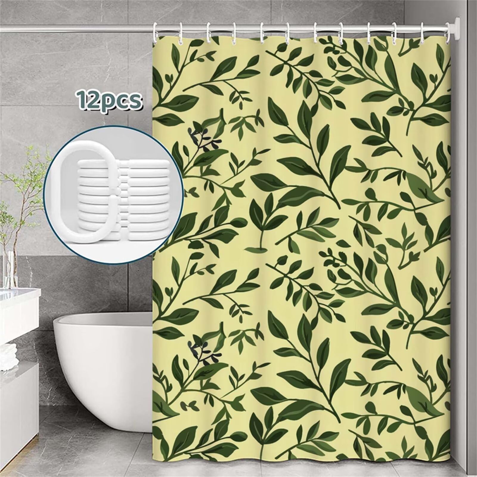 Tenda Doccia in Poliestere verde,Tende per Doccia Extra Lunga 230x180cm,rurale Tenda Vasca da Bagno Tessuto Lavabile,Impermeabile e Facile da Pulire,con 12 Ganci,Decorazione per Bagno,Hotel Z-318