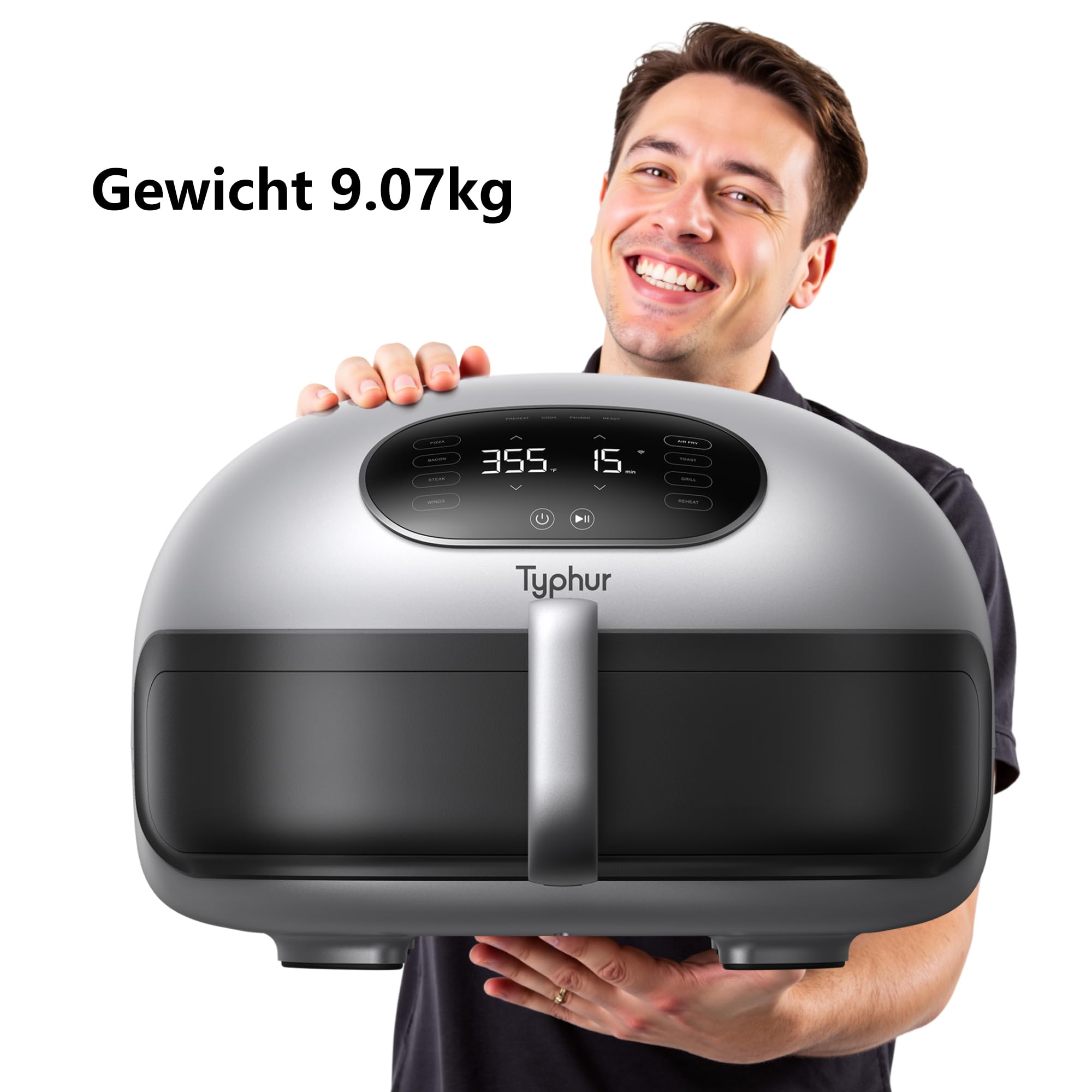 Typhur Dome 2 Heißluftfritteuse 5,3 L, 360° Doppelheizung, 30% Schneller | 15-in-1 Multifunktion Airfryer, Selbstreinigung, Keramikkorb für Pommes, Pizza, Hähnchen, Steak, Gemüse, Backen und Aufwärmen