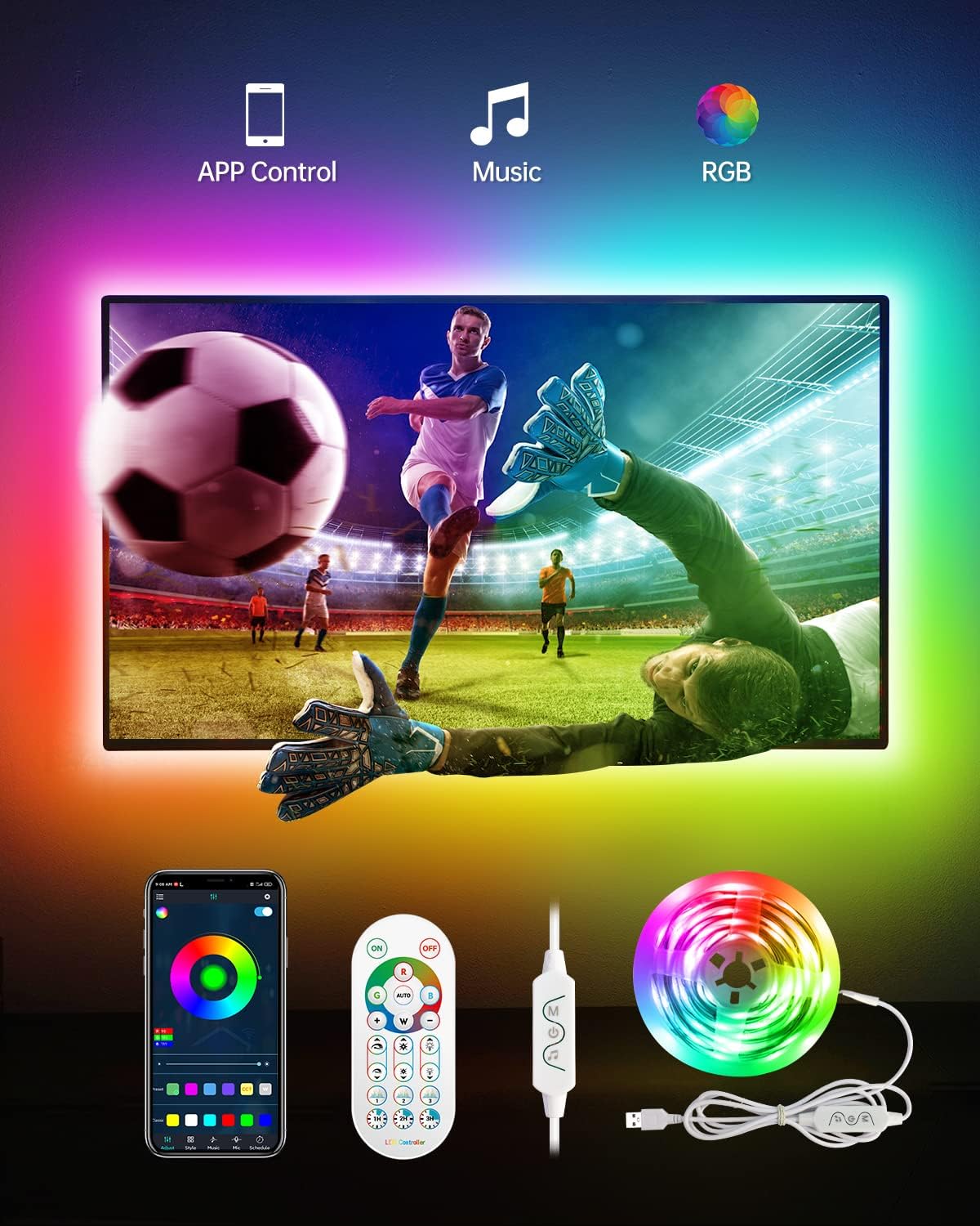 Daymeet LED Strip Lights RGBIC 16.4FT, LED Lights for TV for 55-85 inch TV Led Backlight Rainbow Color Changing Led TV Lights, USB Powered Music Sync Bluetooth APP Control with Remote for Room Bedroom