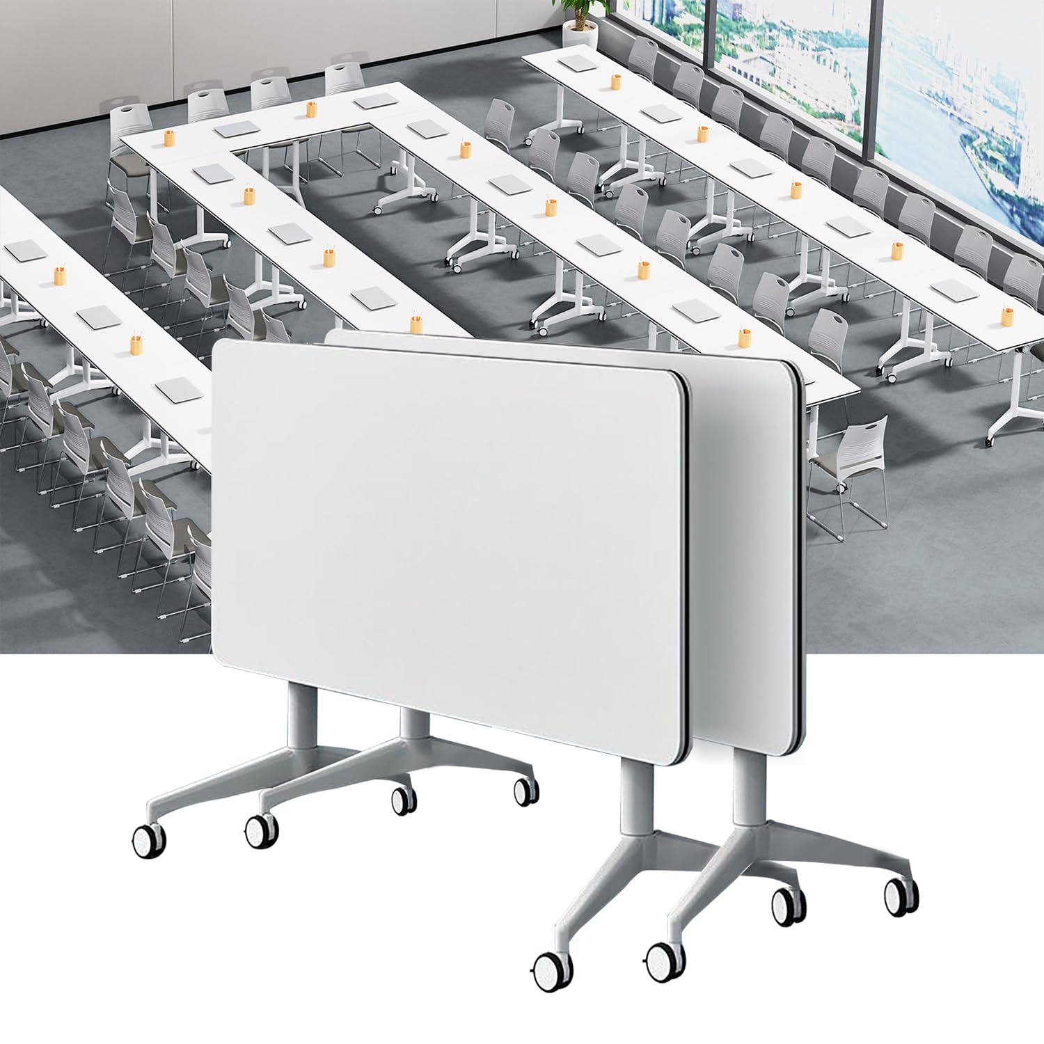 HTDRE Folding Mobile Flip-Top Conference Table for Meetings Training and Events – Versatile Space-Saving Design for Offices and Conference Rooms