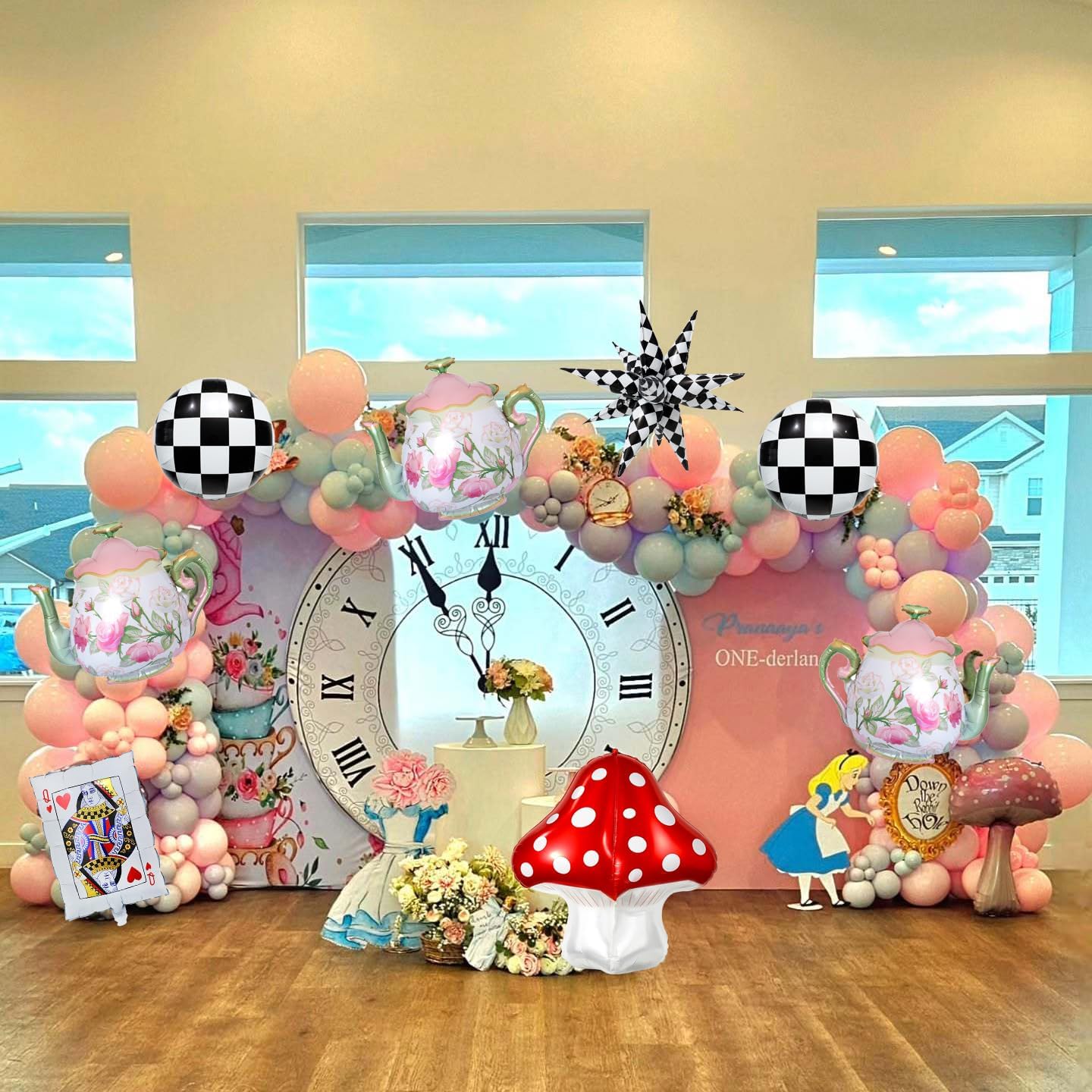 Whimsical Tea Party Decorations,4D Mushroom/Playing Card/Teapot/Checkered Foil Balloons For Alice Party Decor,Fairy Party Balloons,Onederland 1st First Birthday,babyshower decor