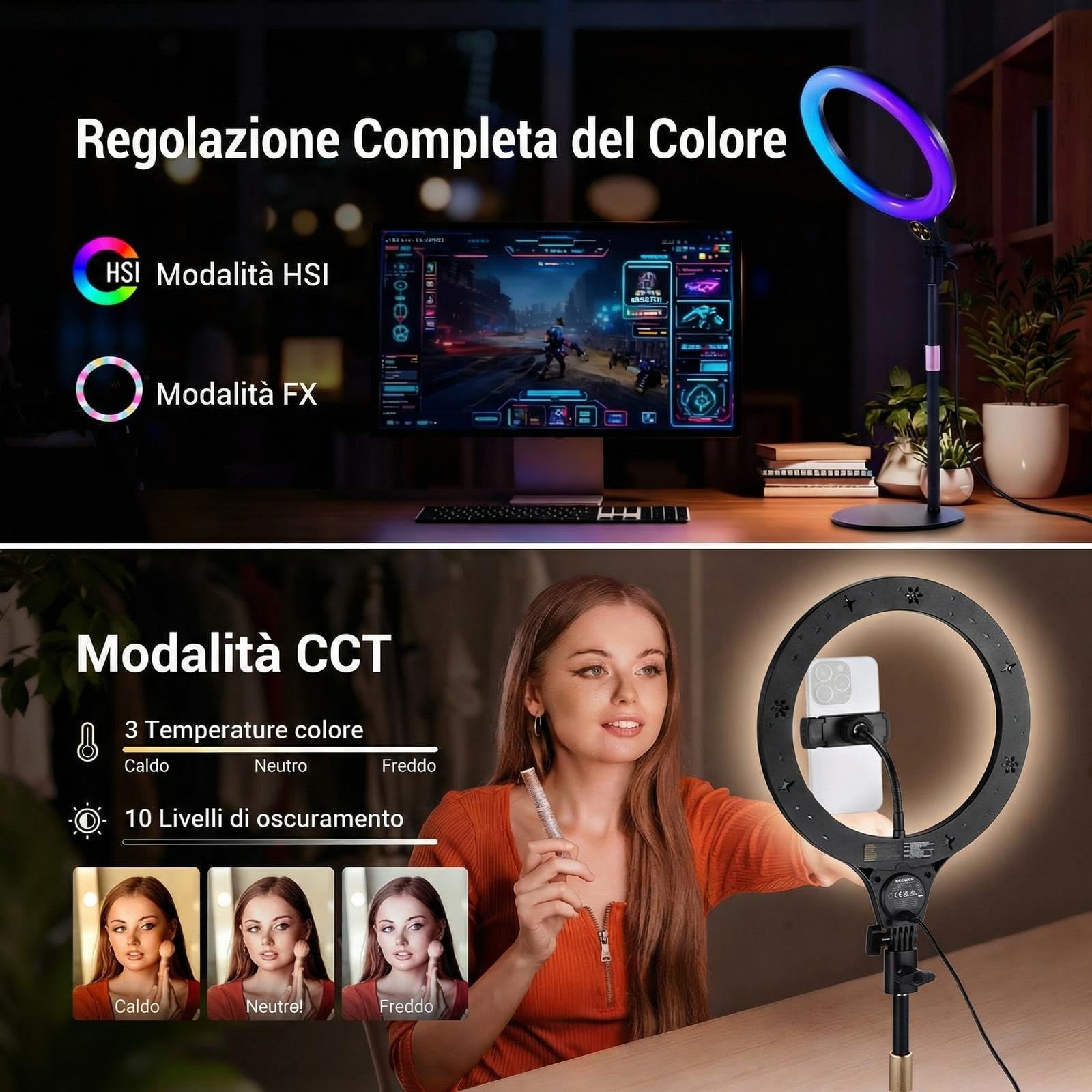 NEEWER ENTRY LEVEL VERSION N37 10,5” Ring Light RGB con Supporto Tavolo/Porta Telefono Compatibile con iPhone/Telecomando, Luce LED CRI85+ 10W per TikTok YouTube Streaming Video Chiamata Zoom Laptop