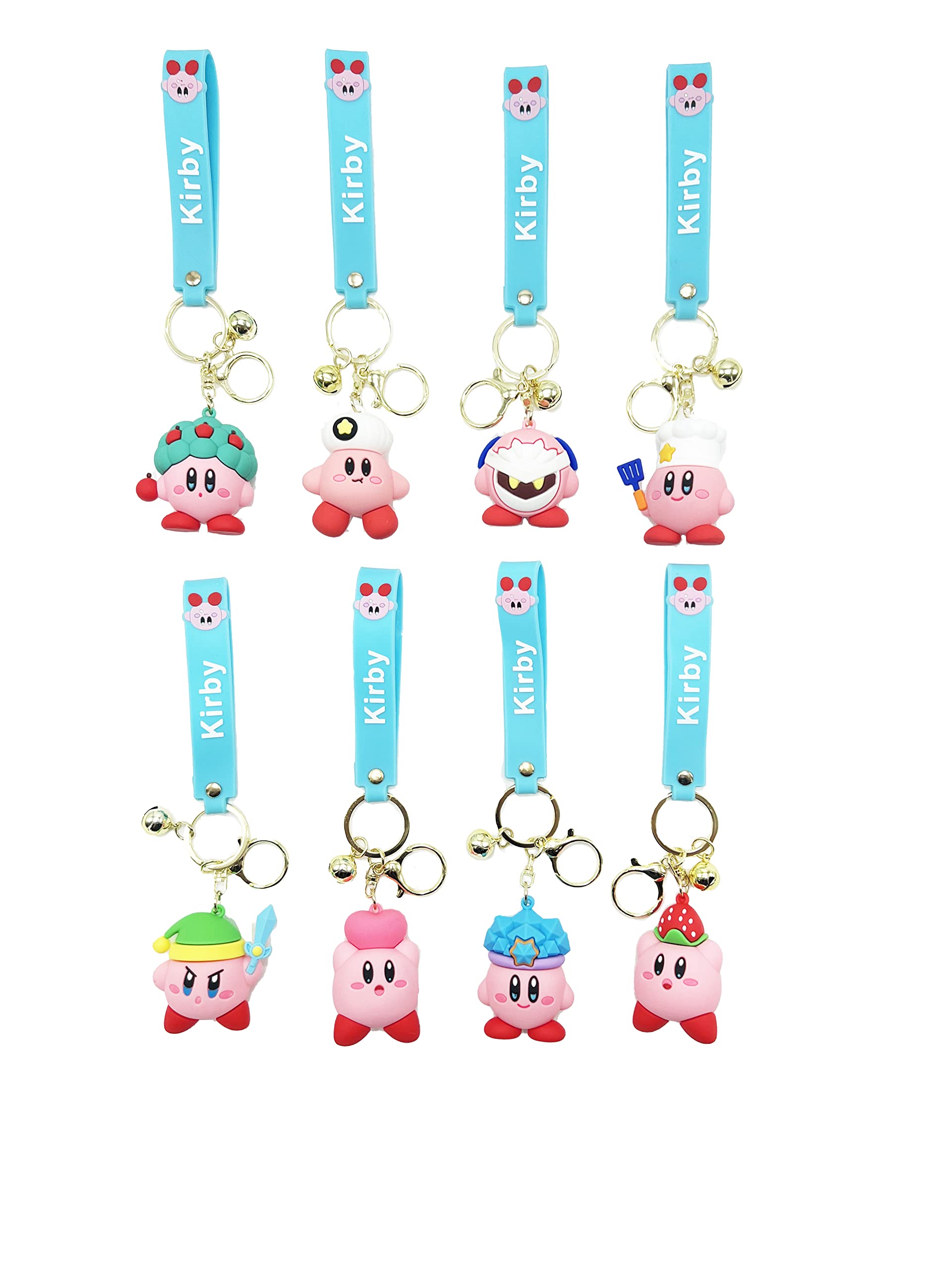 Kirby Star Allies Action Figures 8 Pieces Keychain Set with Wristlet Key Strap, Pink, S