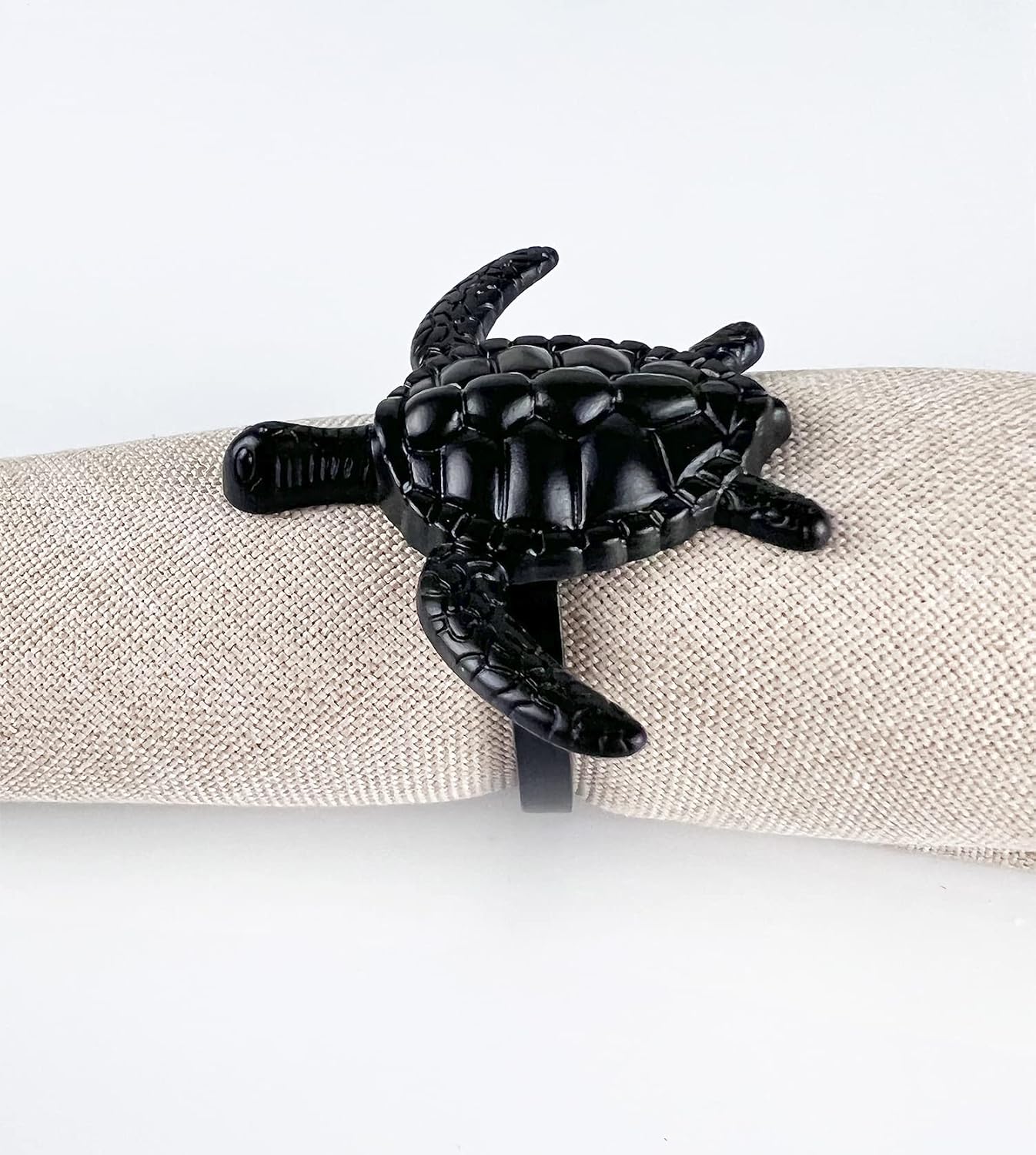 Fennco Styles Nature's Touch Sea Turtle Metal Napkin Rings, Set of 4 – Black Sea Creatures Napkin Holders for Family Dinner, Themed Party, Table Décor, Banquets, Holidays and Special Occasion