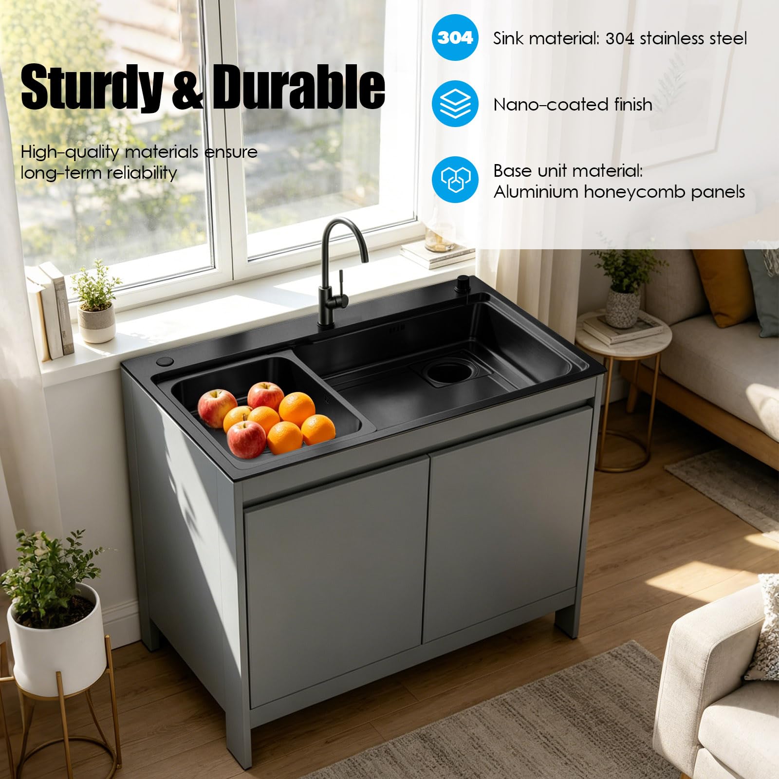 Mueble Fregadero Lavadero, Armario de Aluminio de Nido de Abeja Impermeable con Fregadero de Acero Inoxidable Negro Nano, Lavadero Portante Exterior/Interior con Grifo Cuello de Cisne, Blanco/Gris