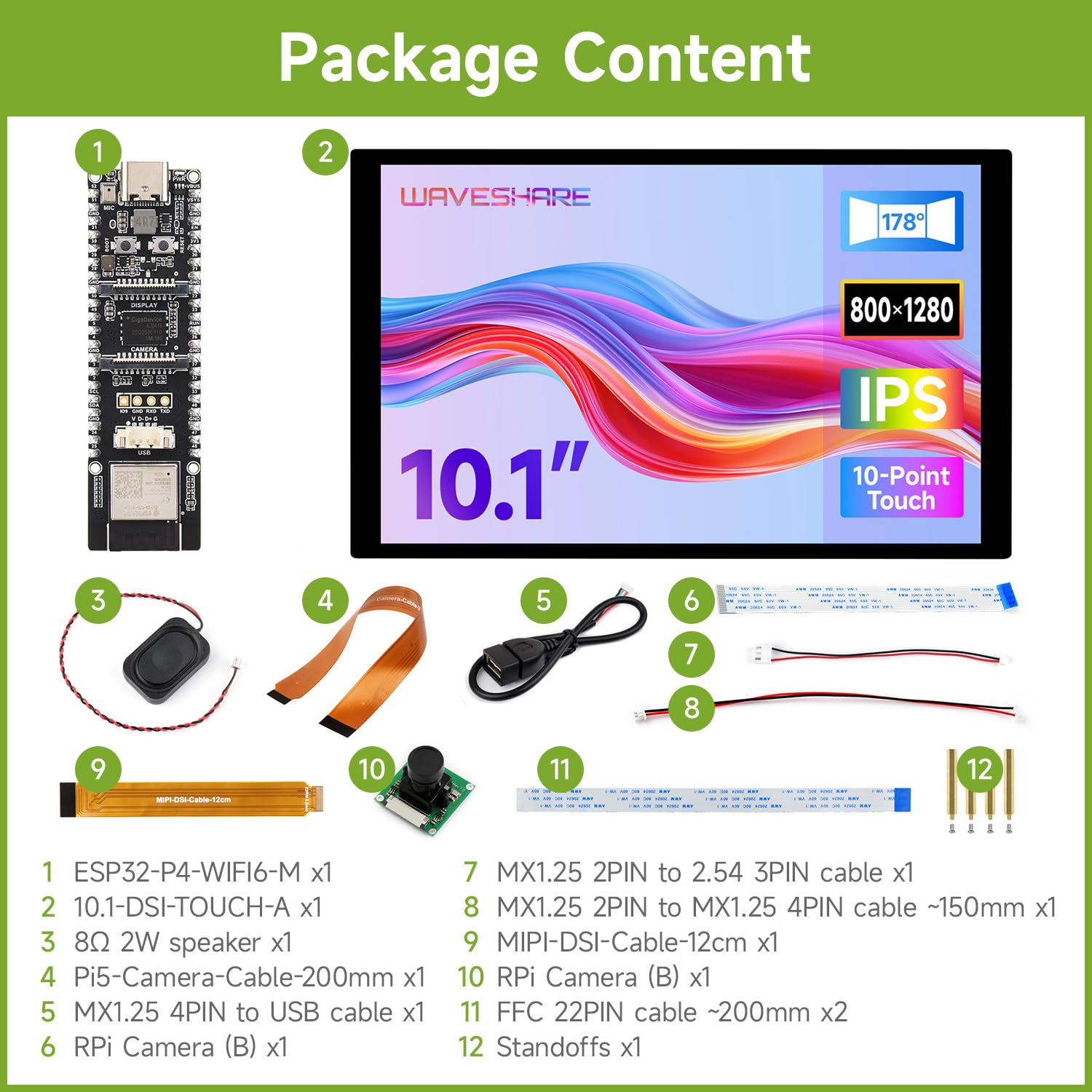 Waveshare ESP32-P4-WIFI6-KIT-B(with RPi Camera & 10.1inch DSI Touchscreen), High-Performance Development Board, Based On ESP32-P4 and ESP32-C6, Supports Wi-Fi 6 and BT 5 / BLE