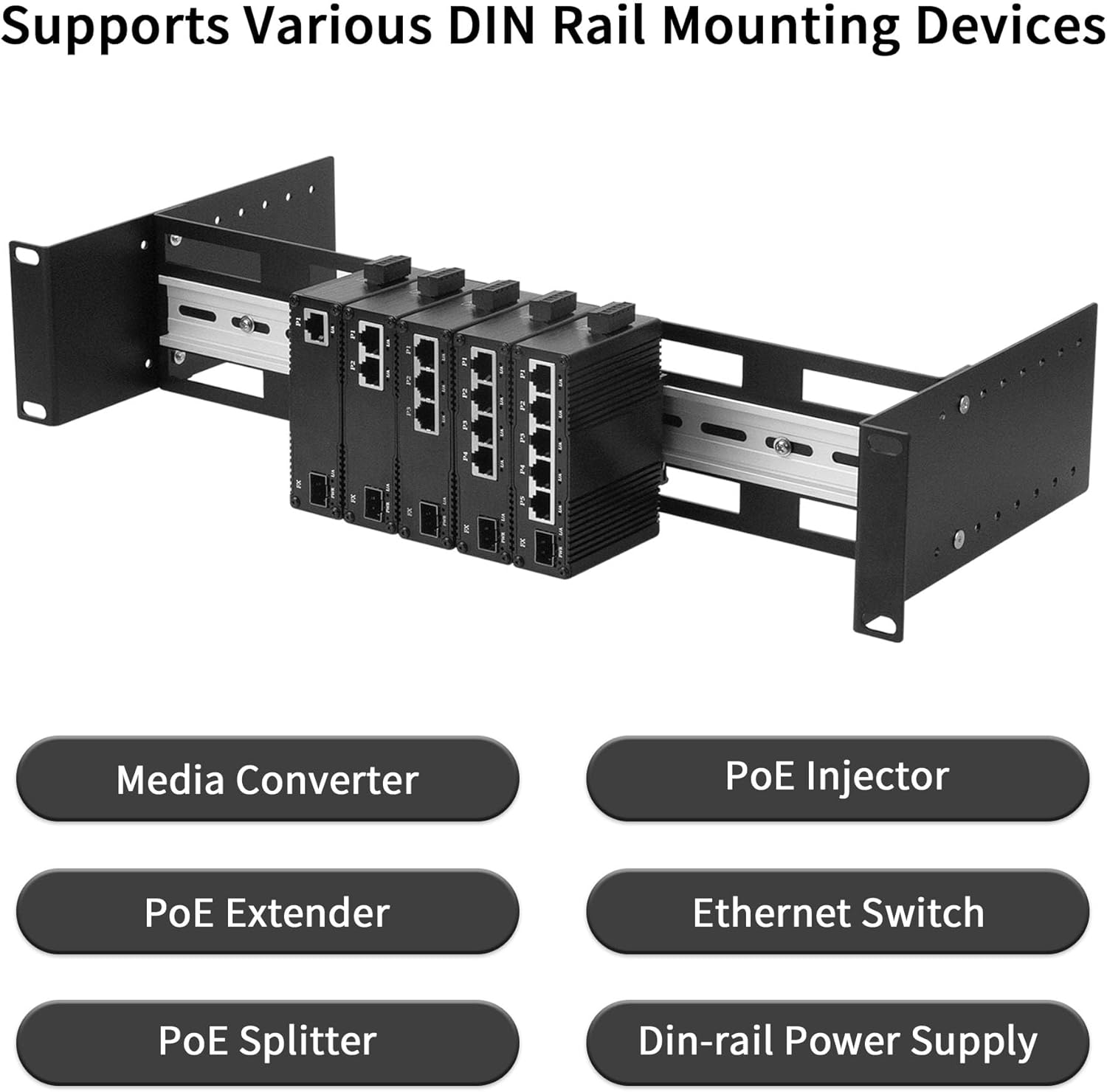 19 inch Width Rack Mount Din Rail Kit Height Adjustable Rackmount Rail Shelf Max Load Capacity 33LBS Aluminum Alloy High Strength for Hardware Components Mounting Switch