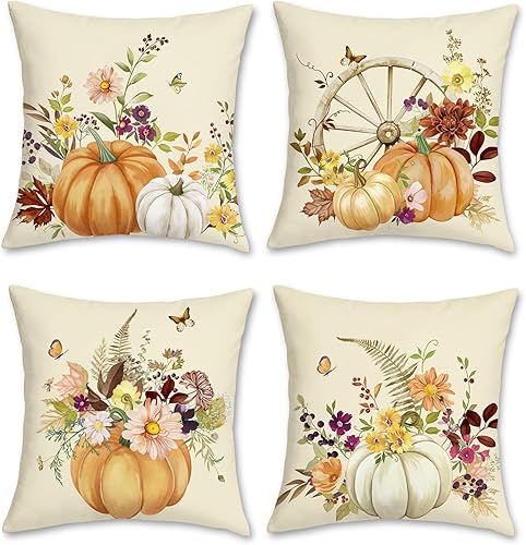 Bonhause Juego de 4 fundas de almohada de calabaza otoñal de 18 x 18 pulgadas, color beige y naranja, hojas de calabazas, florales, fundas de