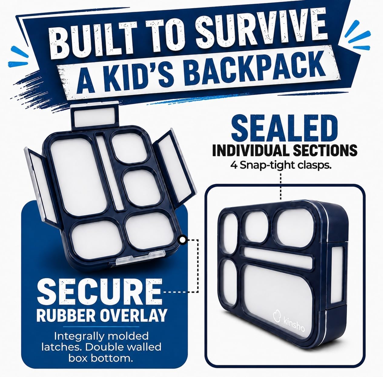 Bento Lunch Box Snack Containers for Kids Boys Girls Adults, 6 Divided Compartments - School, Daycare, Leak Proof Meal Planning Portion Control, BPA-Free Boxes, Utensils, Navy Blue