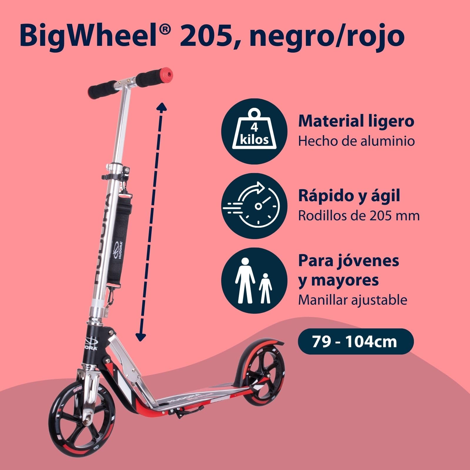 HUDORA BigWheel Scooter 205 Scooter Robusto de Aluminio Regulable en Altura y Plegable para Niños y Adultos hasta 100 kg