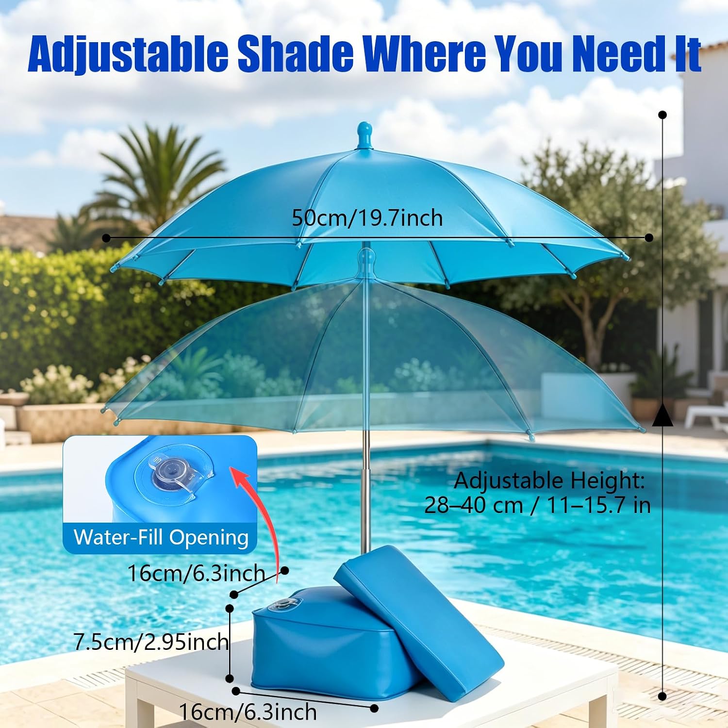 Touchscreen Poolside Phone & Drink Shade Umbrella with Water-Fill Base