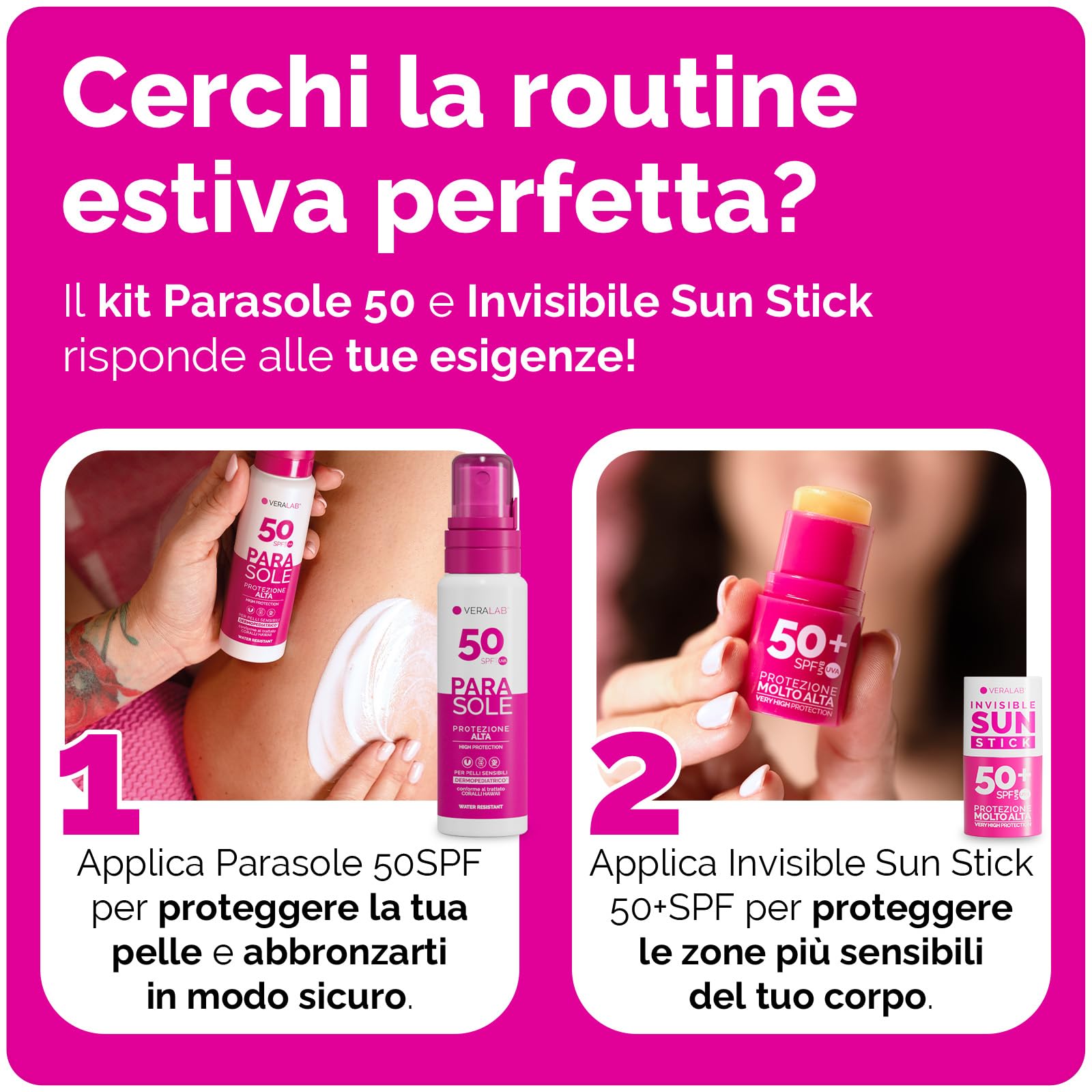 Veralab Kit Solari Protezione Completa, Invisible Sun Stick Solare SPF50 + Parasole SPF50 100ml + Pochette Mare - Kit Esclusiva Amazon