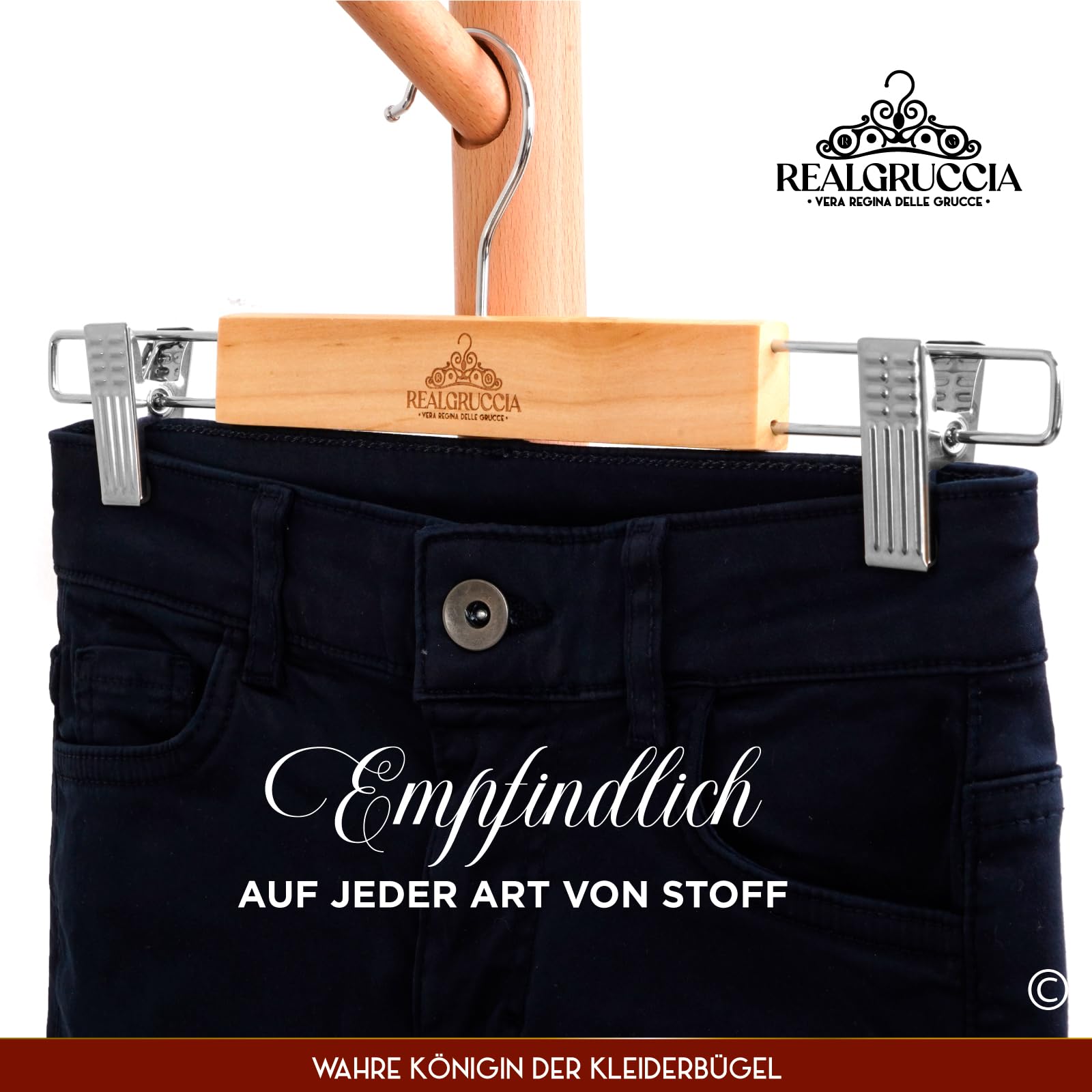50 Kleiderbügel mit Klammern aus Holz 13x33cm Hosenbügel Röcke Jeans - RealGruccia 360° Drehbarer Haken aus Widerstandsfähigem Metall - Polierte Ausführung - Platzsparende Verstellbare Clips Stabil