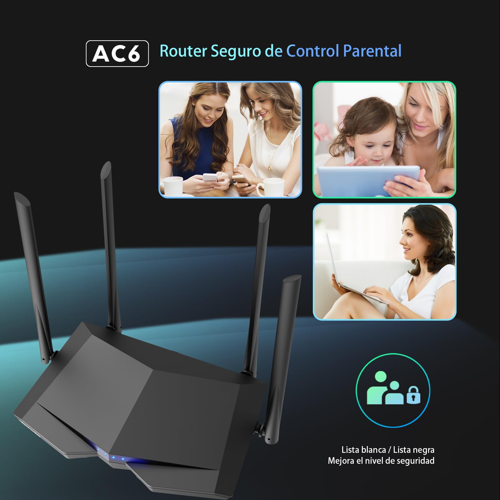 Tenda AC6 Router Inalámbrico Inteligente de Doble Banda (AC1200, 4 Puertos Megabit, WiFi Inteligente, Ahorro de Energía, 4x 5dBi HG Antenas), Color negro