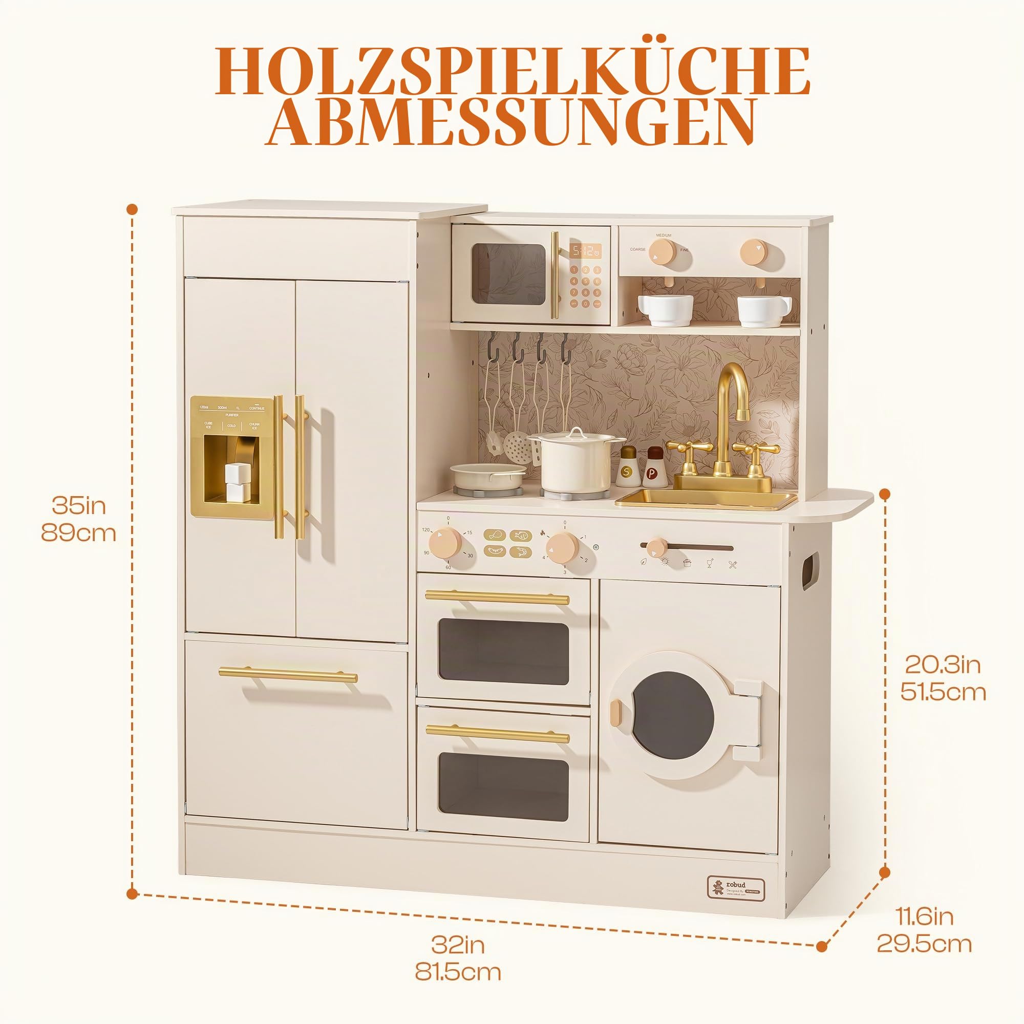 ROBUD Kinderküche aus Holz, Spielküche für Kinder mit 17 realistischen Zubehörteilen, Küchenspielzeug mit Mikrowelle, Backofen, Spüle und Eismaschine, Geschenk für Mädchen und Jungen ab 3 Jahren