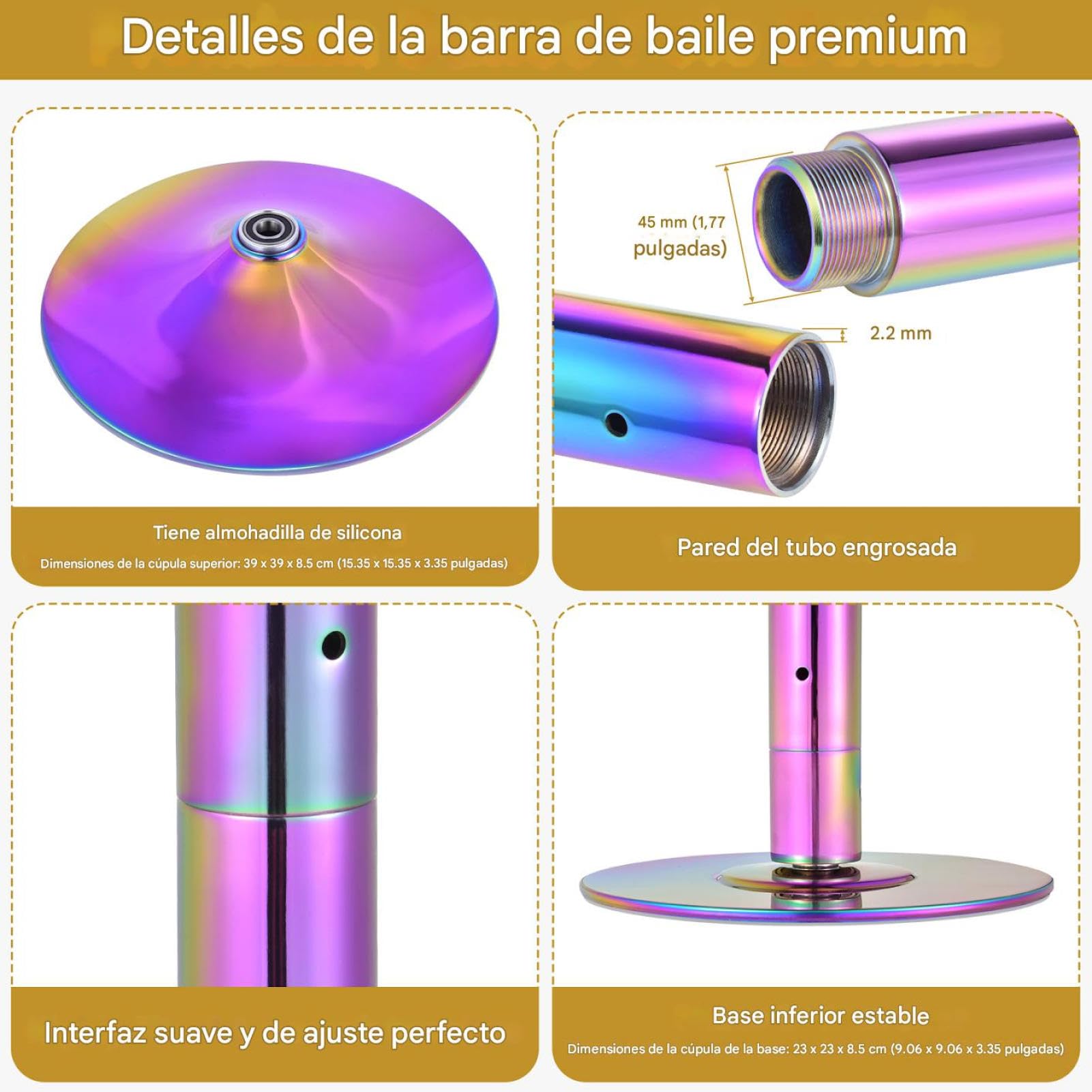 Barra de Pole Dance para Interiores, Plataforma de Pole Dance Sólida de 45 mm, Estática y Giratoria, Altura Ajustable de 216 a 279 cm, Barra de Baile Portátil y Desmontable