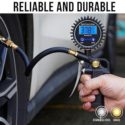 Miniatura 5 de Medidor digital de presión de neumáticos con inflador, accesorios de compresor de aire de 3-250 PSI con acoplador de conexión rápida, accesorios