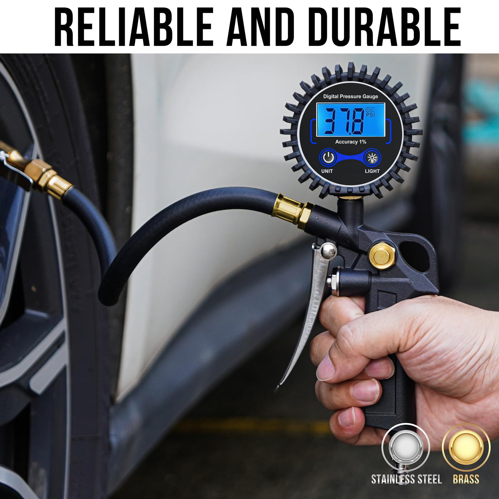 DigitPro Digital Tire Pressure Gauge with Inflator, 3-250 PSI Air Compressor Accessories with Air Chuck Quick Connect Coupler, Car Attachments with Rubber Hose for Car, Truck, SUV, Cycle, RV