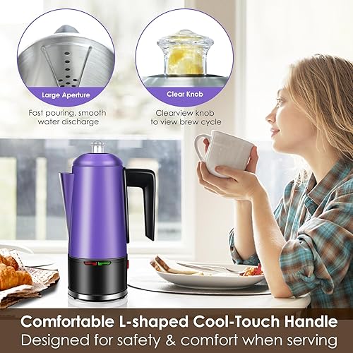 Miniatura 7 de HOMOKUS Percolador de café eléctrico de 12 tazas Percolator Cafetera de acero inoxidable con perilla transparente, mango de tacto frío, función de