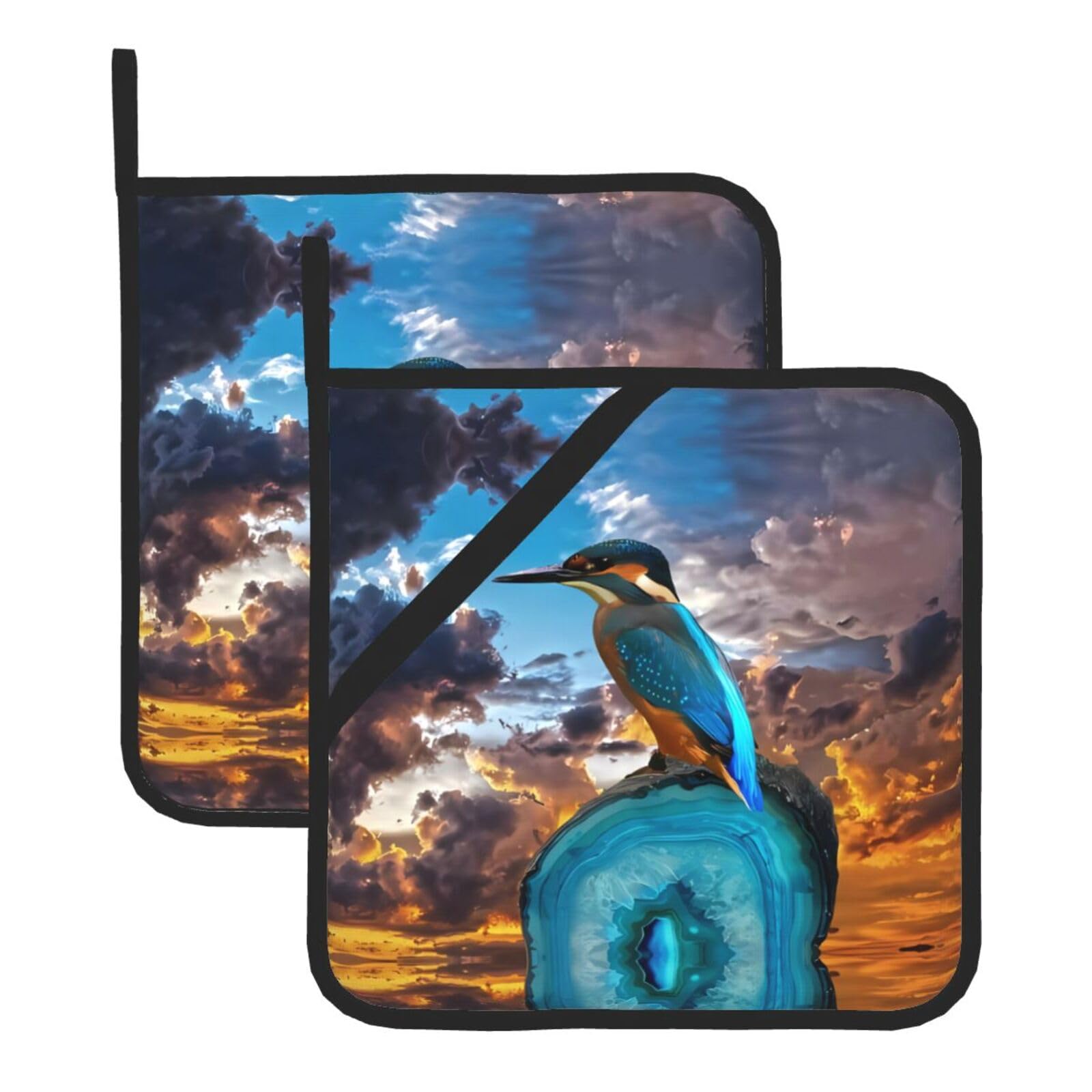 WHJSSF Beautiful Bird Prints Square Hot Pads for Kitchen Counter - Waterproof Trivets with Hanging Loop, Thick Pot Covers for Serving, Oven & BBQ - Set of 2 (1 with Pocket)